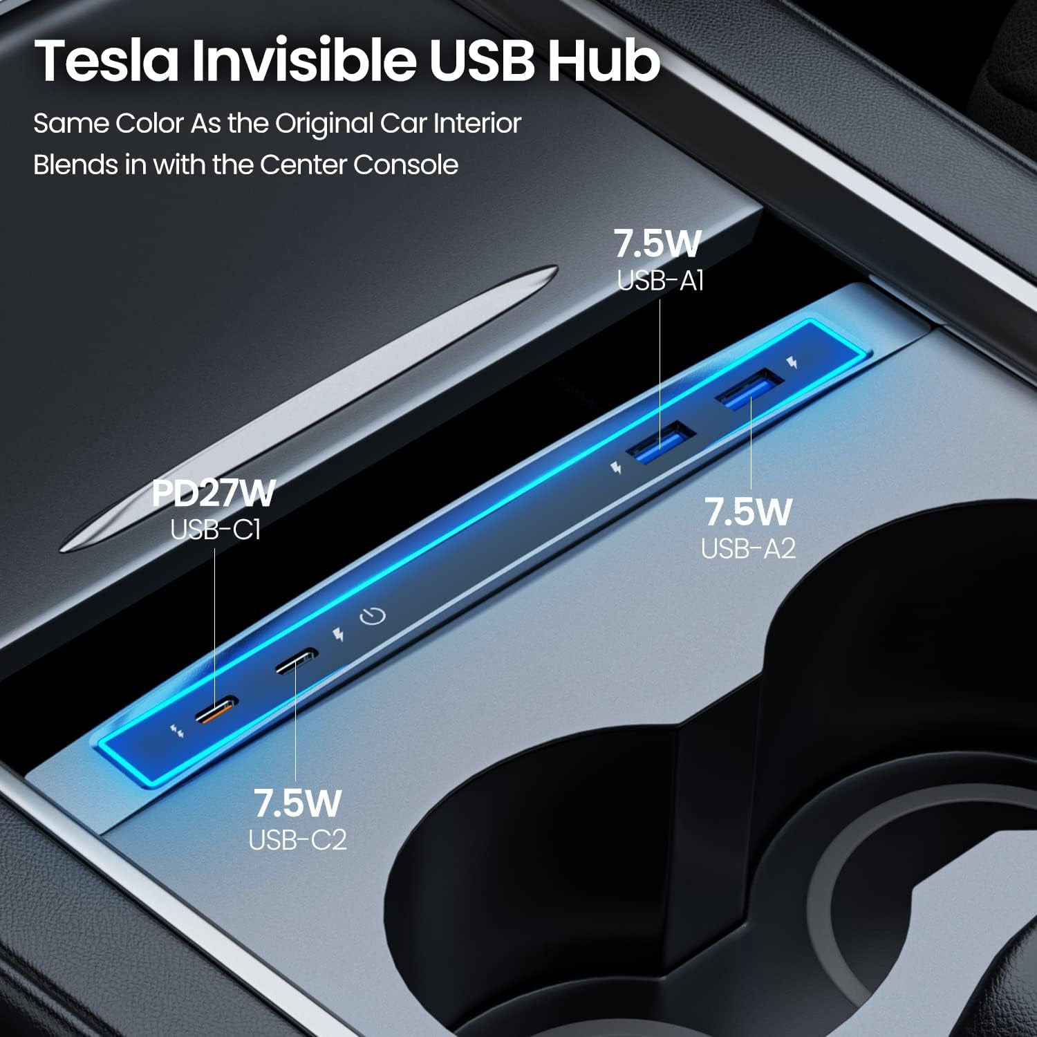 Tesla USB Hub with Blue Led Light/Voice Controll Seven Colors Led Light Compatible Docking Station of Center Console Smart Sensor for Tesla 2021 2022 2023 (Model 3/Y)