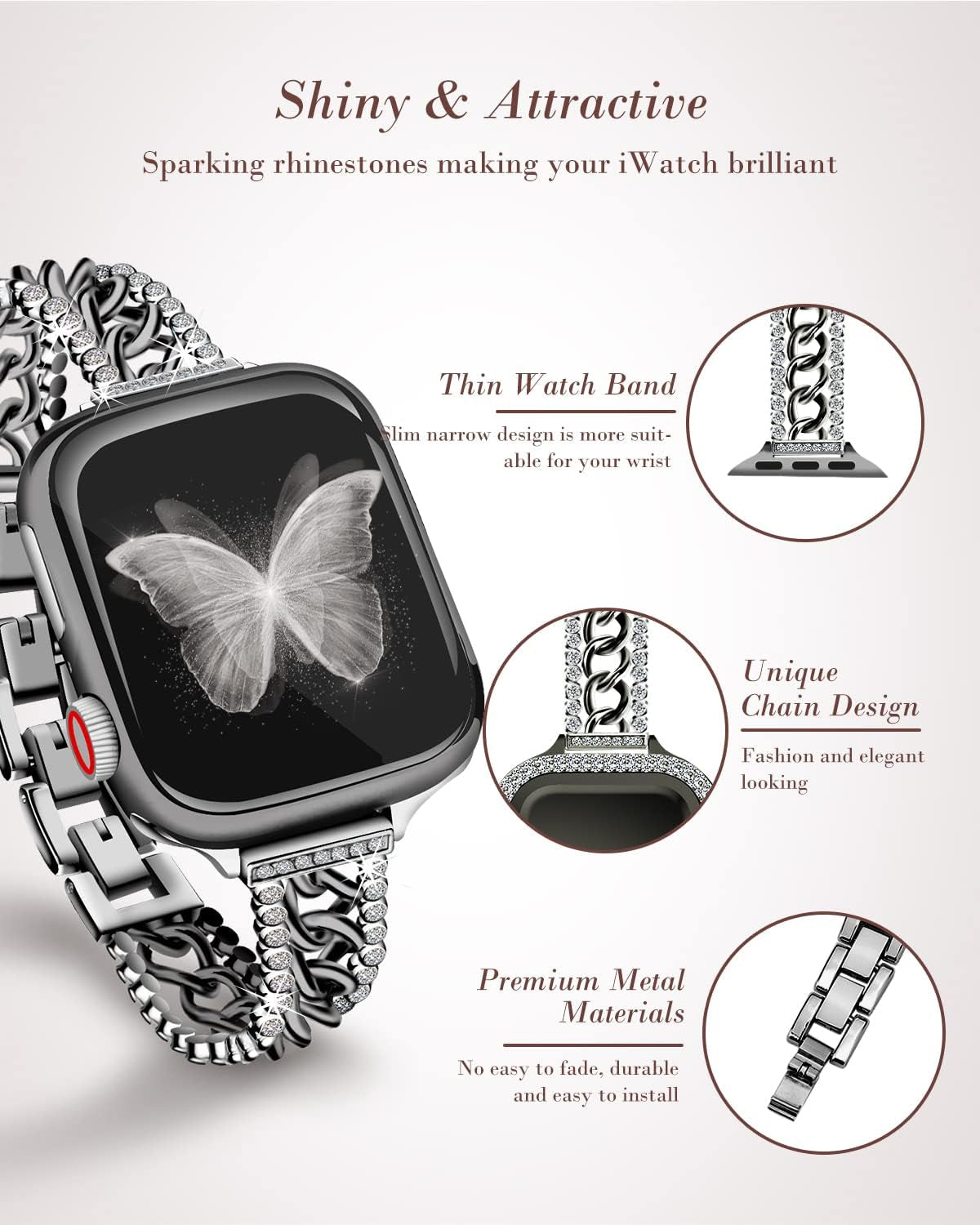 Bling Chain Bands Compatible with Apple Watch Series 8 Band 41Mm 40 Mm 38Mm, Women Luxury Dressy Glitter Diamond Rhinestone Stainless Steel Metal Bracelet for Iwatch Series 7/6/5/4/3/2/1/SE