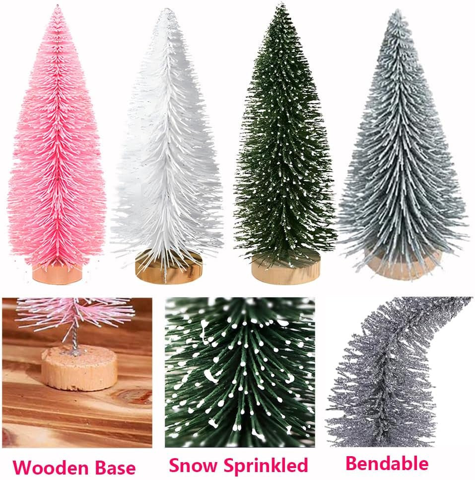 Artificial Mini Christmas Trees, 30 Pcs Sisal Snow Pines in 5 Sizes, Crafting Displaying Decoration, Tabletop Xmas Tree for Home, Party (Pink/White/Green)