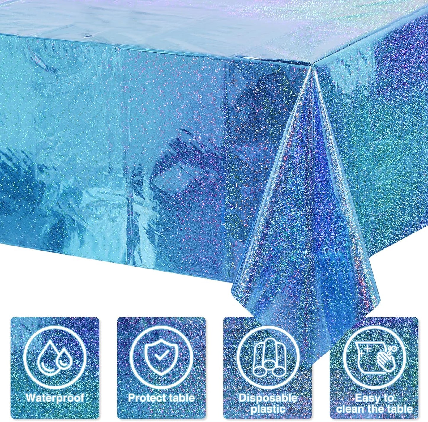 4 Pack Iridescence Plastic Tablecloths Shiny Disposable Laser Rectangle Table Covers Holographic Foil Tablecloth Iridescent Party Decoration Birthday Bridal Wedding Christmas 54" X 108" (Blue)