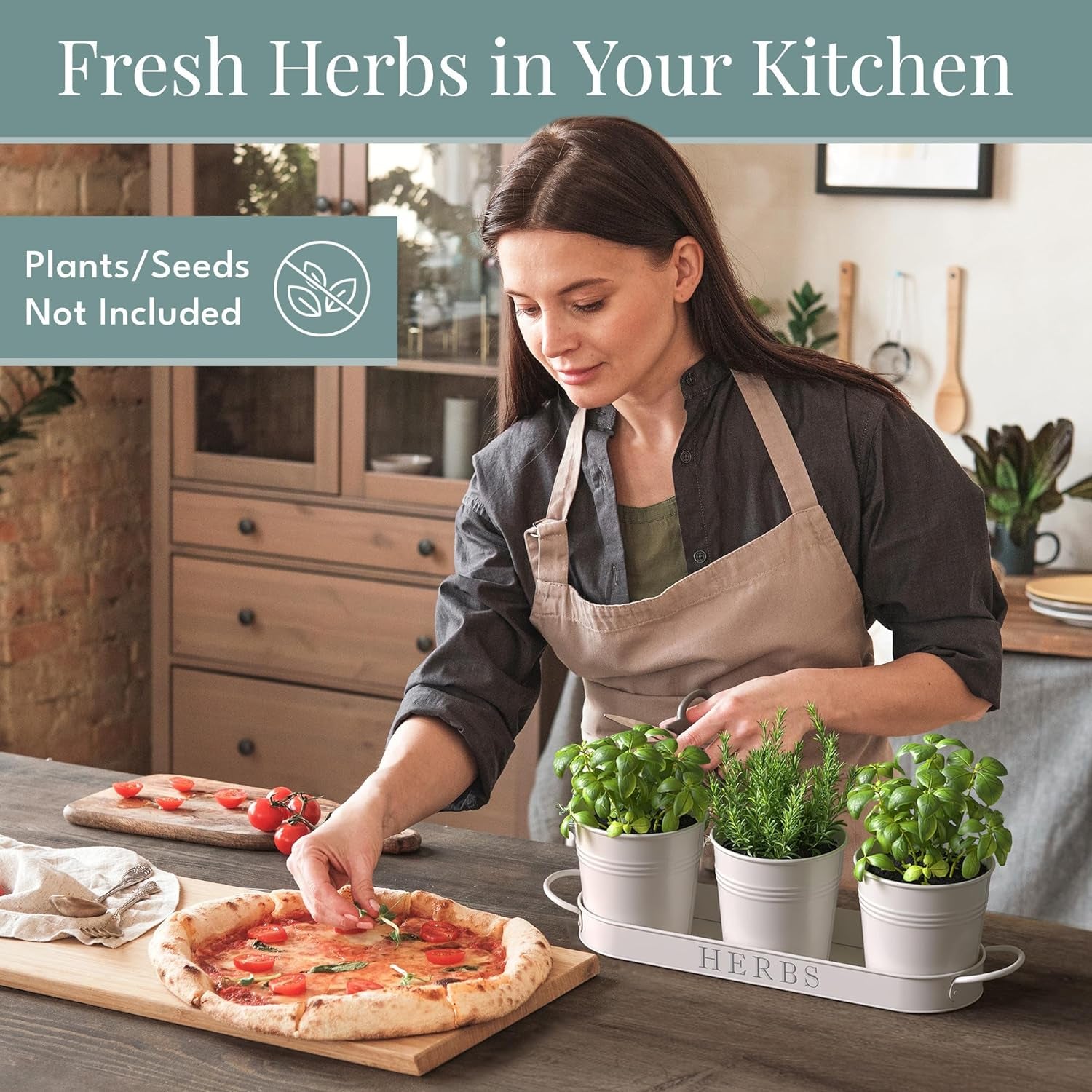 Indoor Herb Garden Planter Set with Tray, Metal Windowsill Plant Pots with Drainage for Outdoor or Indoor Plants, Set/3 (White)