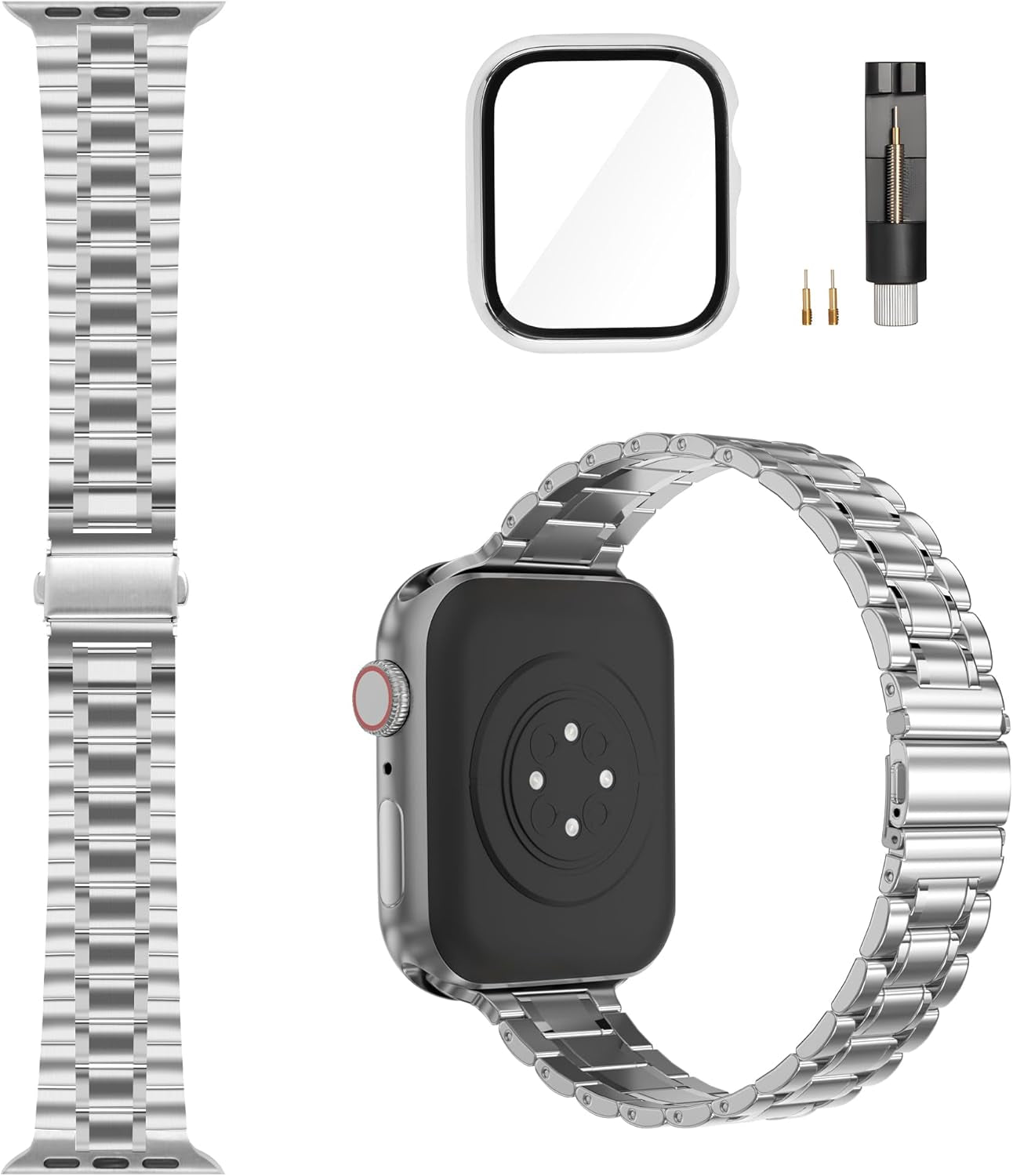 Solid Stainless Steel Band Compatible with Apple Watch 38Mm 40Mm 41Mm 42Mm 44Mm 45Mm, Metal Wristband Strap with Screen Protector Case for Iwatch Series 9/8/7/6/5/4/3/2/1/SE Women and Men