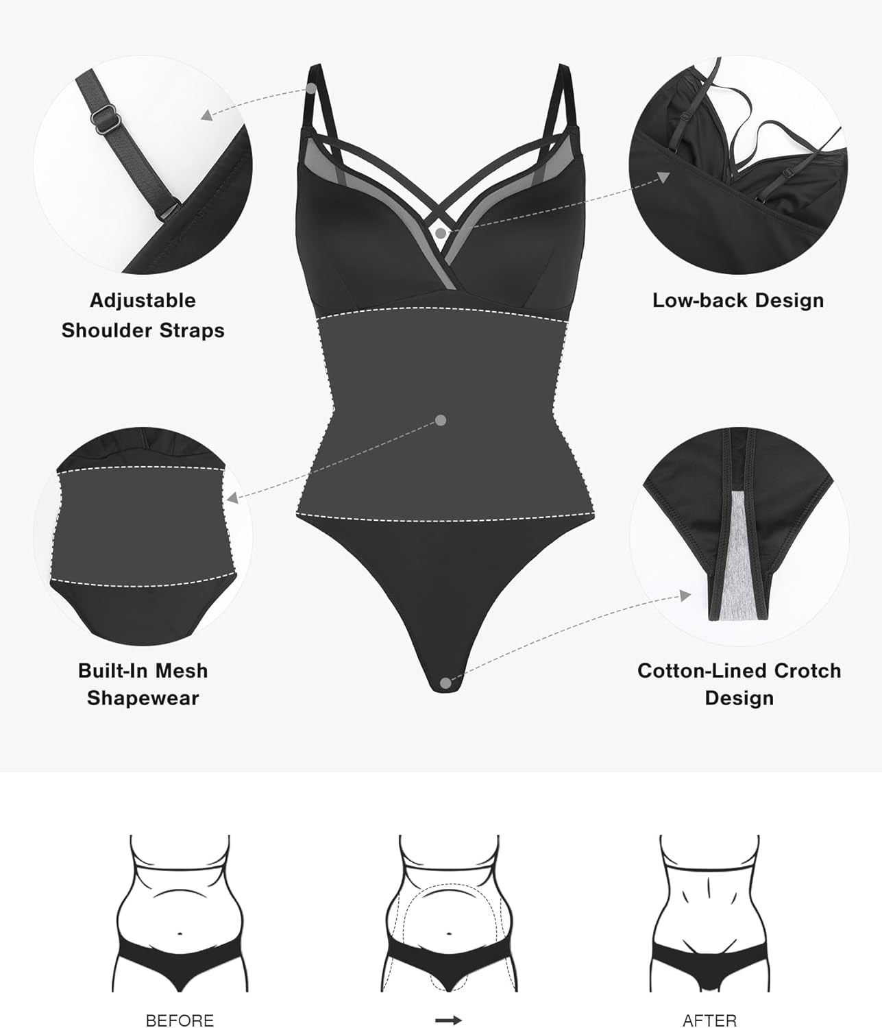 Shapewear Bodysuits for Women Tummy Control Body Suits Deep V Neck Backless Thong Body Shaper Tank Top