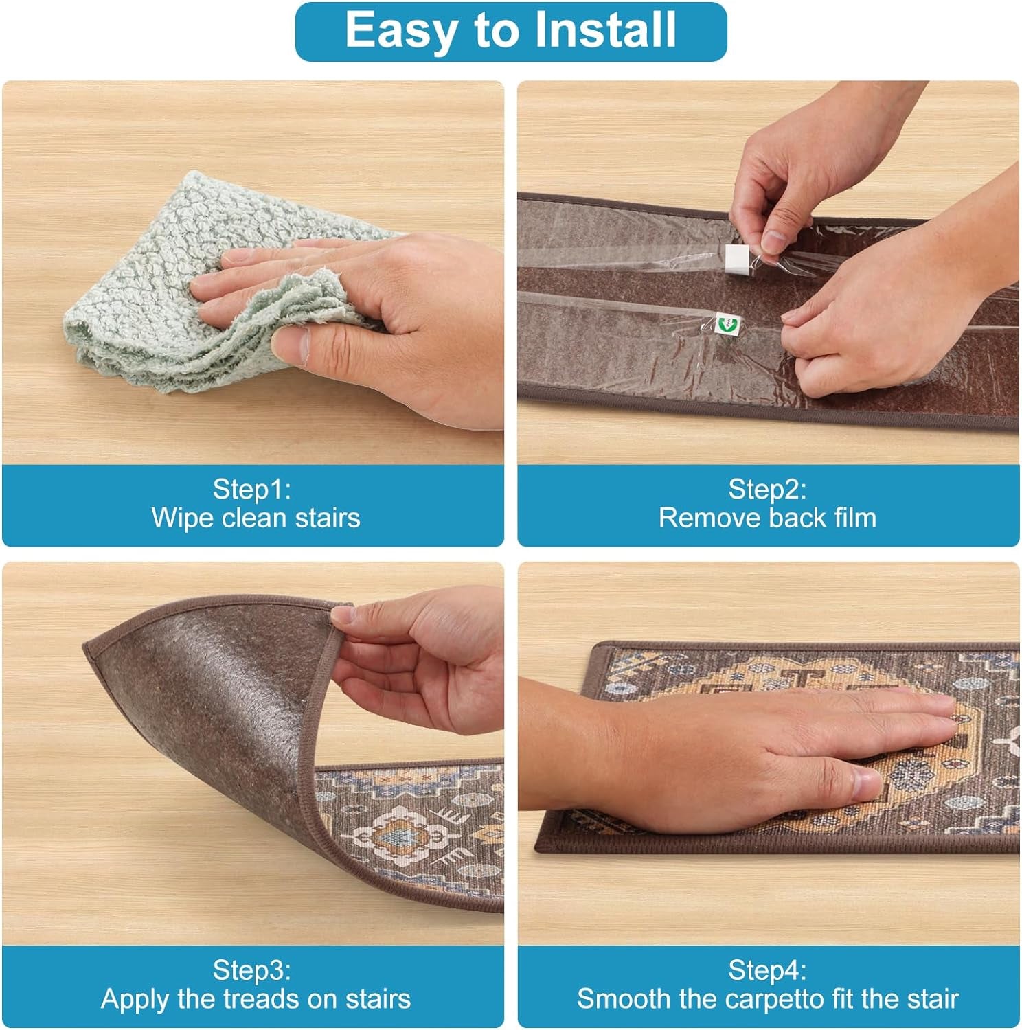 Non-Slip Carpet Stair Treads for Wooden Steps Indoor Set of 15 Pack 8" X 30" Peel and Stick Reusable Staircase Stair Runners Rugs, Soft Safety for Dogs, Kids & Elders, Stairway Grip, Brown