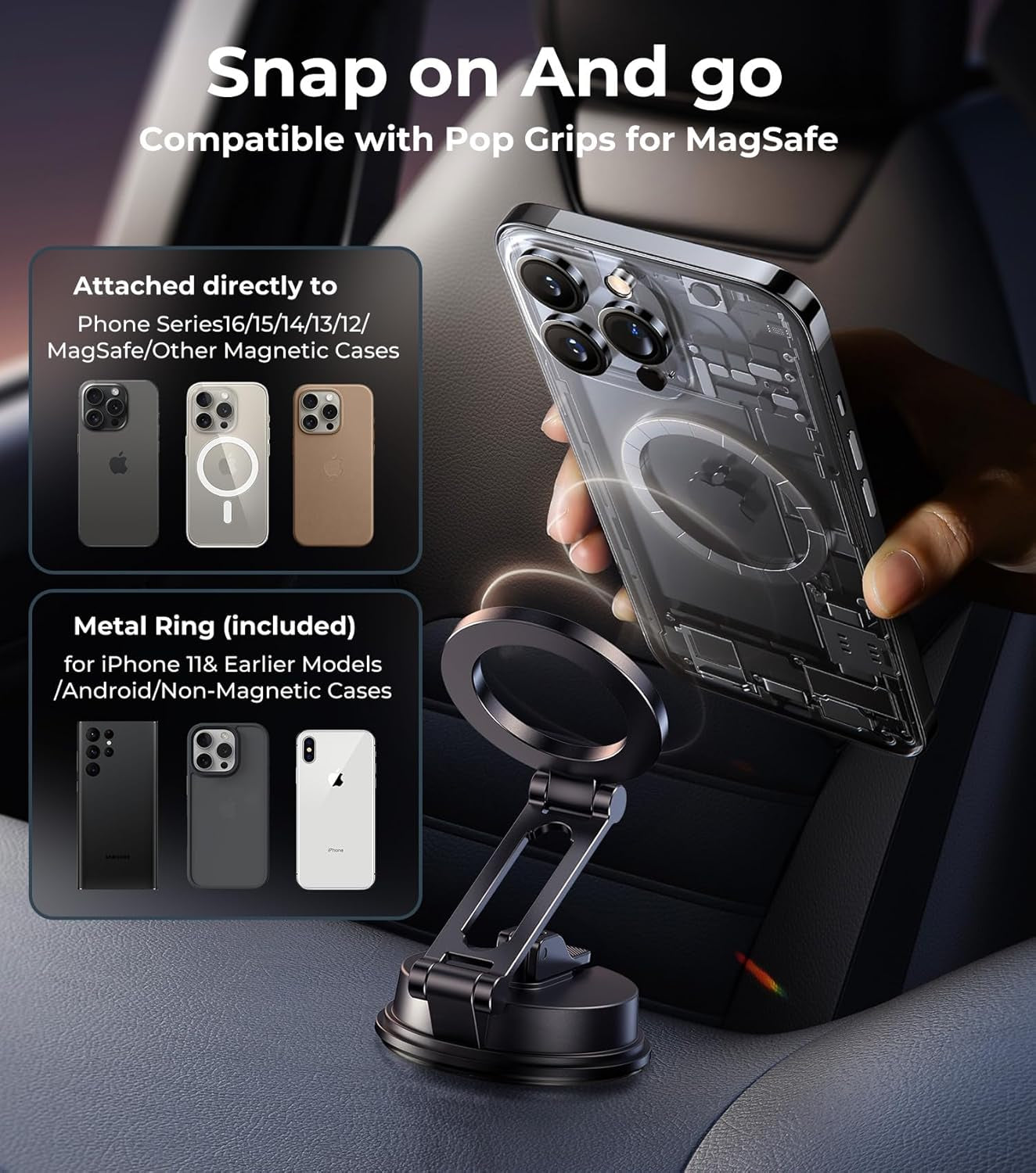Folding Car Phone Mount for Magsafe, Magnetic Dashboard, Windshield Holder, Strong Suction, Easy to Relocate, Must-Have for Car Rentals, Best Accessories for Men Women Iphone 16E/15/14/13/12 Pro Max