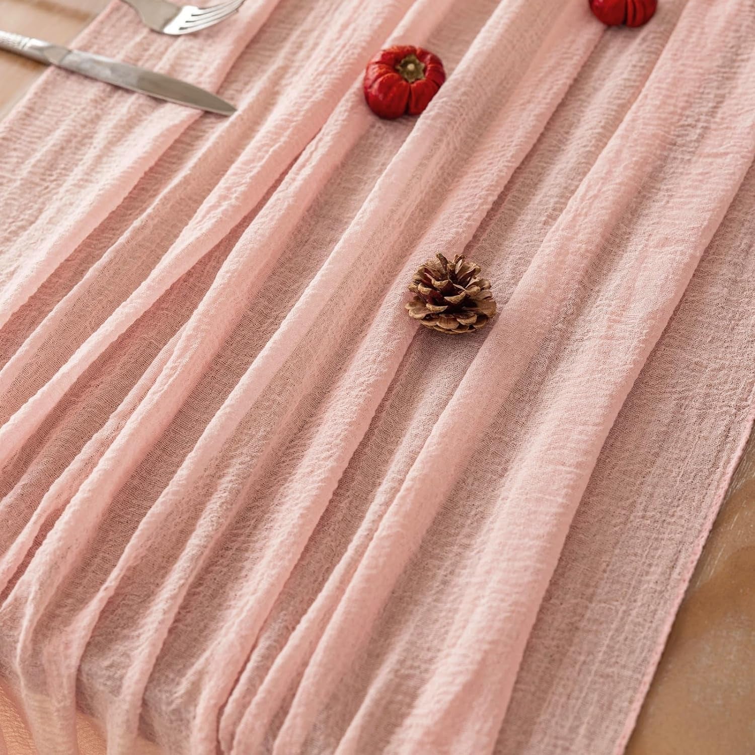 Keketo Blush Pink Christmas Table Runner Cheese Cloth Rustic Gauze Cheesecloth Table Runner 120 Inch 10 FT for Wedding Baby Shower Bridal Shower Party Long Sheer Boho Centerpiece Home Decorations