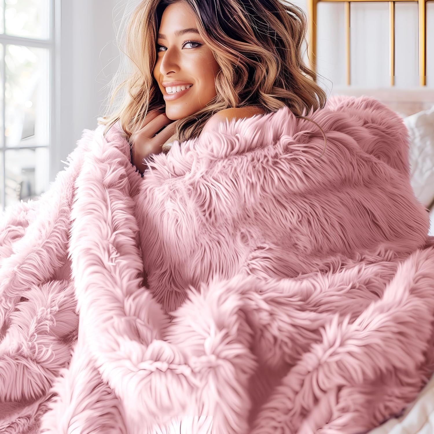 Soft Pink Throw Blanket for Couch, Fluffy Fuzzy Pink Blankets & Throws for Sofa, Cozy Plush Sherpa Fleece Faux Fur Blanket, Pink Decor Christmas Blanket Pink Gifts for Women, Girls, 50X60