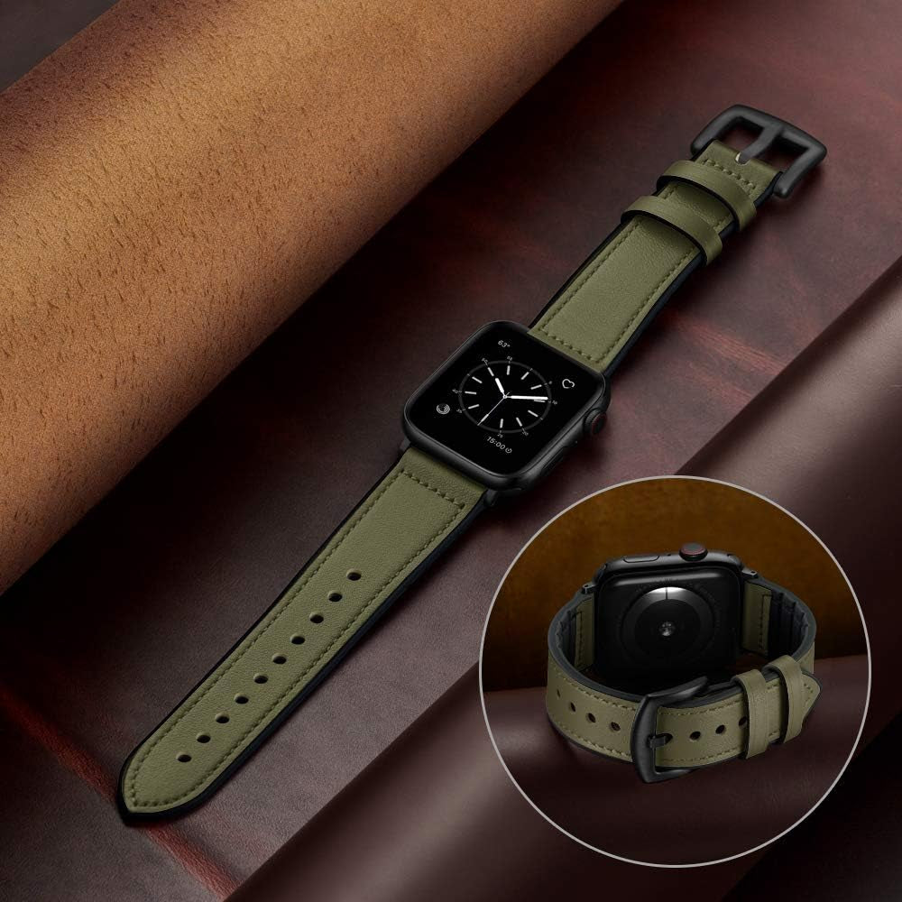 Compatible with Apple Watch Band 41Mm 40Mm 38Mm, Sweatproof Genuine Leather and Rubber Hybrid Band Strap for Iwatch Series 9 8 7 6 5 4 3 2 1 SE2 SE, Army Green Band with Black Adapter