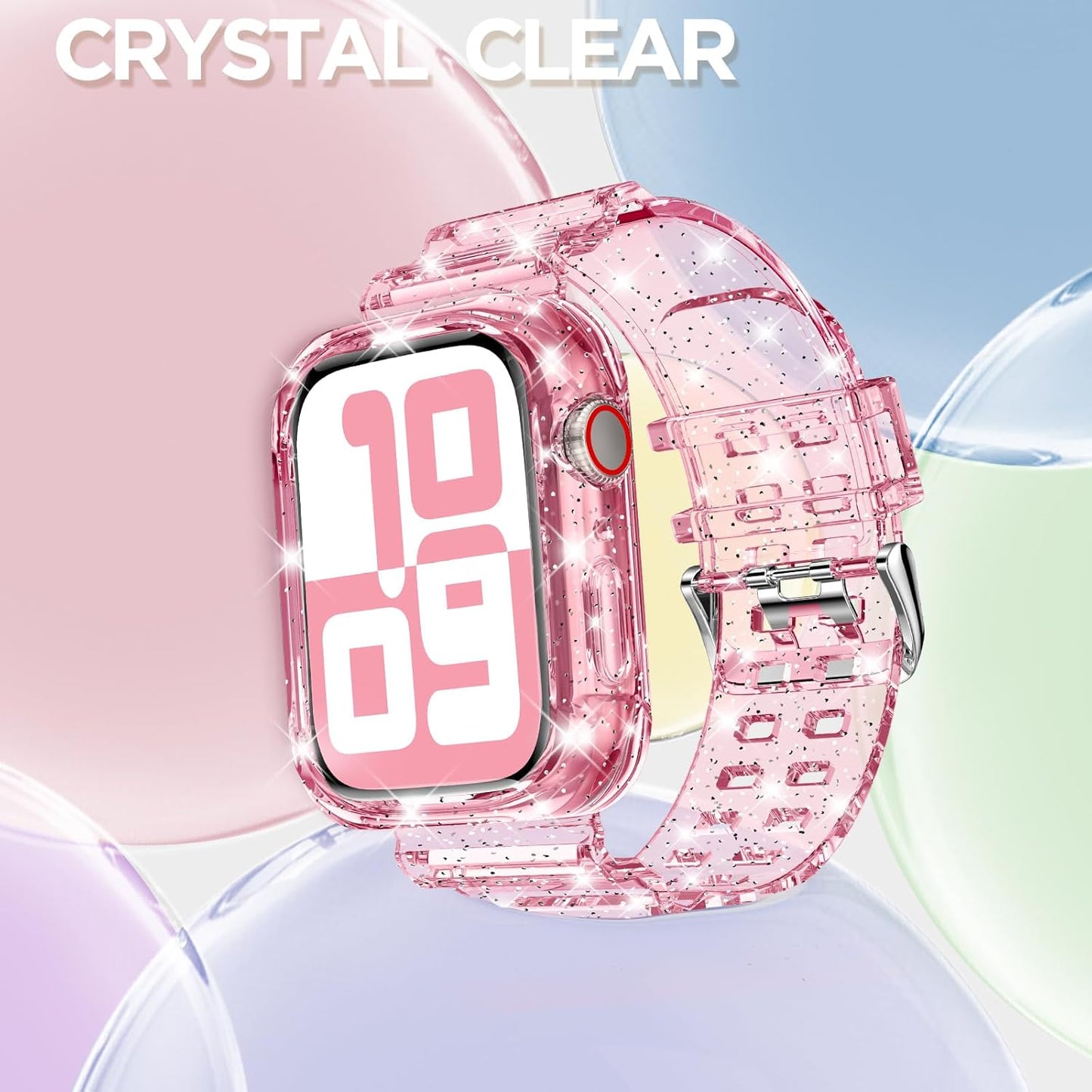 Compatible for Clear Apple Watch Band with Bumper Case, Women Men Glitter Bling TPU Sport Strap for Iwatch SE Ultra Series 10 9 8 7 6 5 4 3 2 1