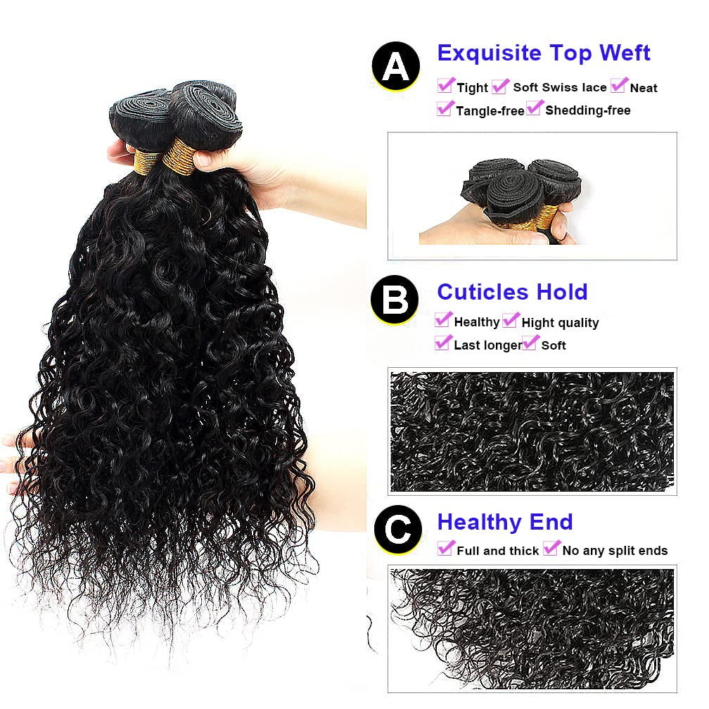 Water Wave Bundles and Closure Curly Wave Bundles with 4X4 Free Part Closure Ocean Wave Wet and Wavy Human Hair Bundles with Lace Closure (10 12 14+10) Pre Plucked with Baby Hair Natural Color