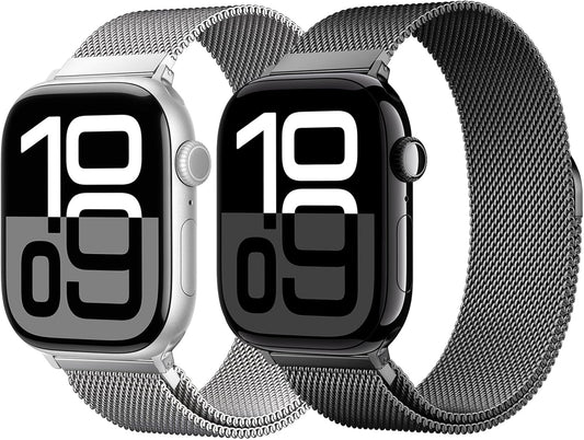 2 Pack Stainless Steel Mesh Loop Compatible with Apple Watch Band 38Mm 40Mm 41Mm 42Mm Series 10 Women Men, Magnetic Clasp Replacement Strap for Iwatch -Black+Silver