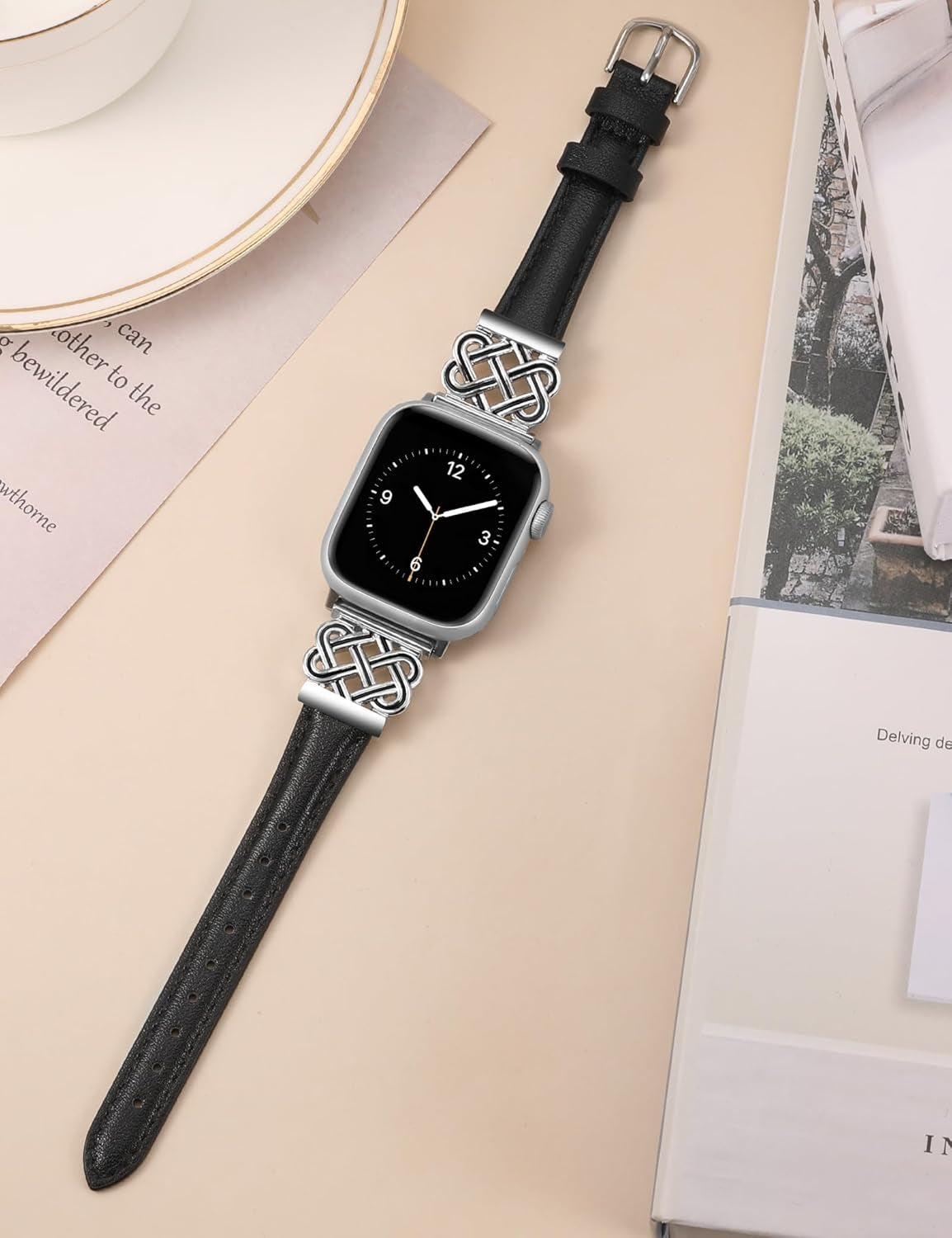 Leather Band Compatible with Apple Watch Bands 38/40/41/42/44/45/49Mm Women, Slim Leather Strap with Designer Dressy Interlock Buckle for Iwatch Series 9/8/7/6/5/SE/4/3/2/1 Ultra/Ultra 2