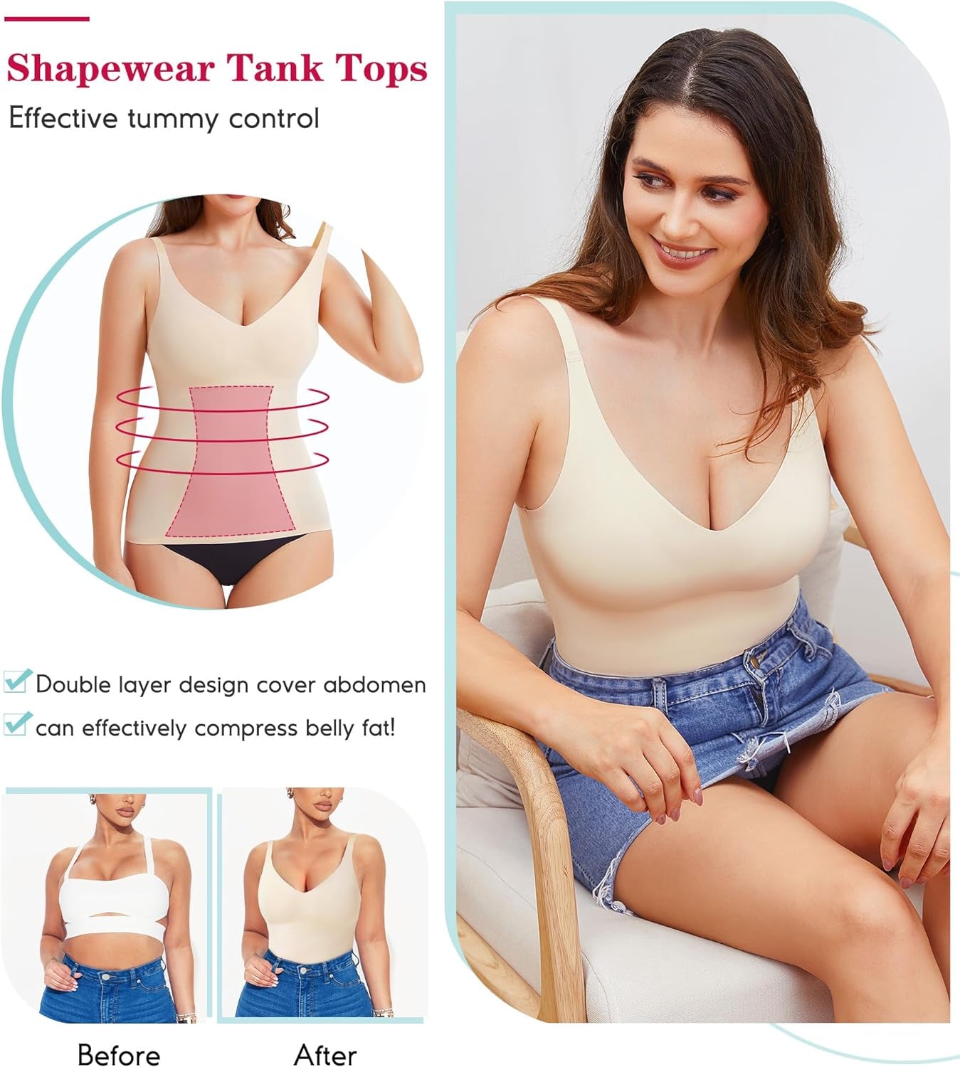 Compression Tank Tops for Women Tummy Control Shapewear Seamless Body Shaper Workout V-Neck Camisole Cami Tops
