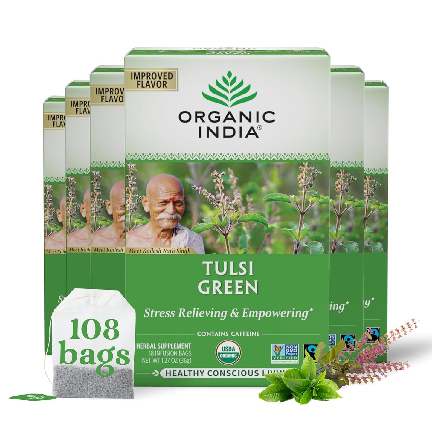 Tulsi Original Herbal Tea - Holy Basil and African Basil Calming and Stress Relief Tea, Immune Support, USDA Certified Organic, Non-Gmo, Caffeine-Free - 18 Infusion Bags, 6 Pack TLBH