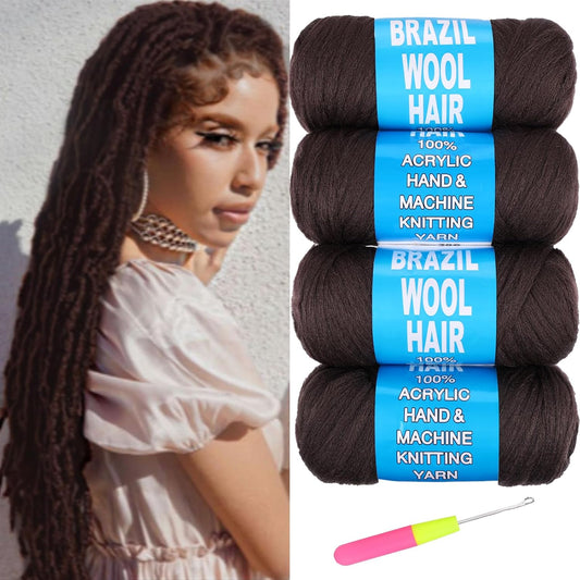 4Pcs Dark Brown Brazilian Wool Hair for Braids Acrylic Hand Knitting Yarn for Hair Braiding Hair Extension Faux Locs African Crochet Braid(#4)