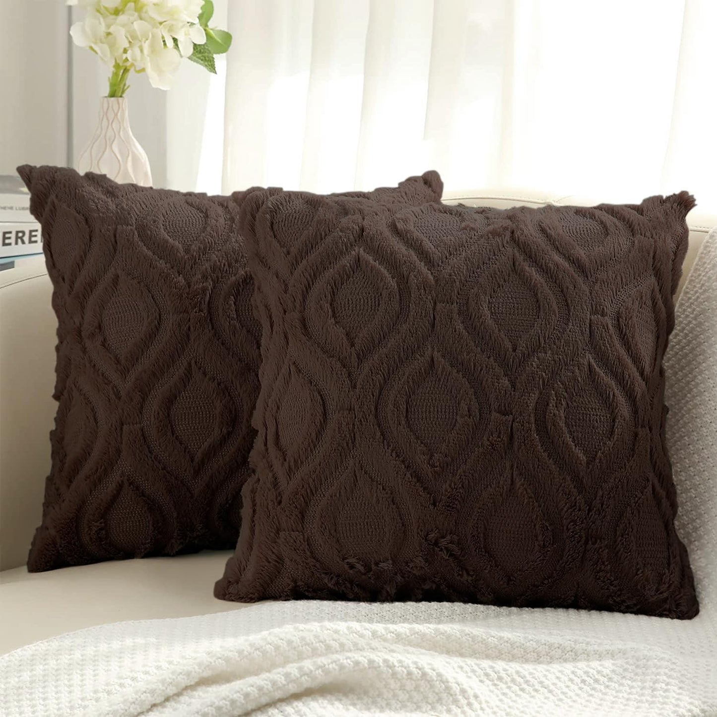 Decorative Throw Pillow Covers 18X18, Soft Plush Faux Wool Couch Pillow Covers for Home, Set of 2, Brown