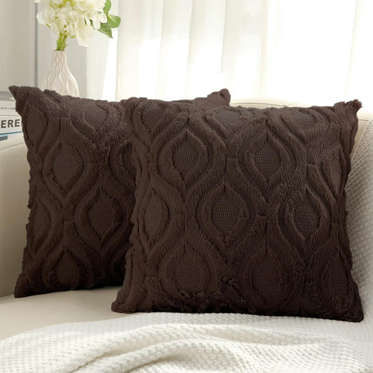 Decorative Throw Pillow Covers 18X18, Soft Plush Faux Wool Couch Pillow Covers for Home, Set of 2, Brown