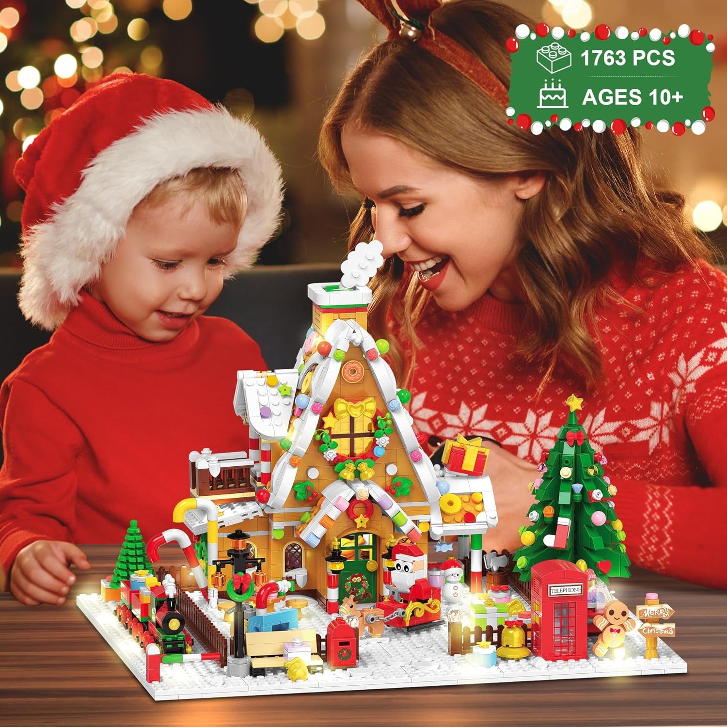 Christmas Gingerbread House Mini Building Set with LED Light, 1763 PCS Christmas Courtyard Building Block Toy with Santa Claus Xmas Tree Train Home Decor, Gift for Adult Kids Girls Boys 10+