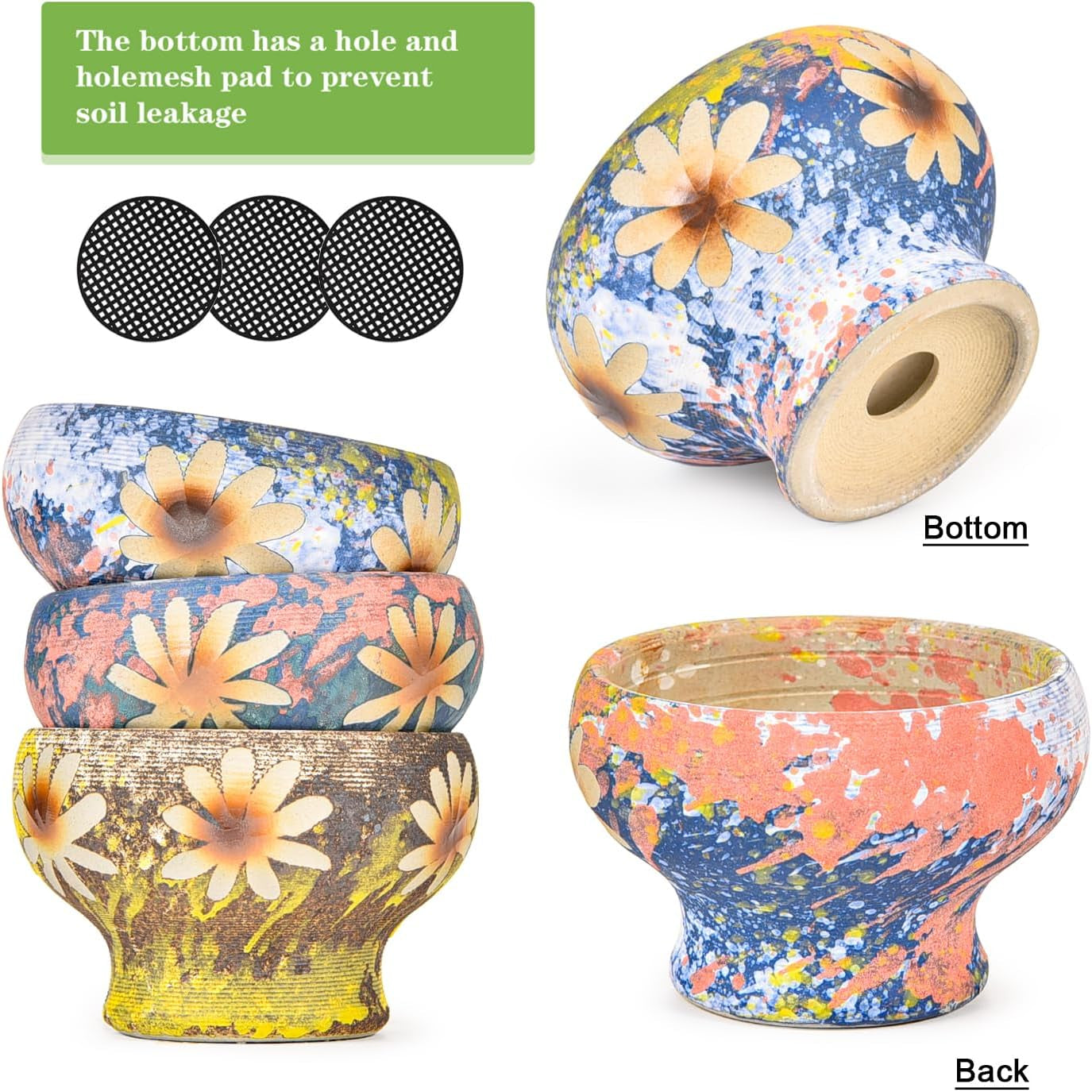 Small Succulent Planters Set of 3, Beautiful Hand Crafted Ceramic Plant Pots Cute Cactus Pot, 4.9 Inch Flower Pots for Indoor Plants with Drainage, Desktop Windowsill Home Office Decor Pots