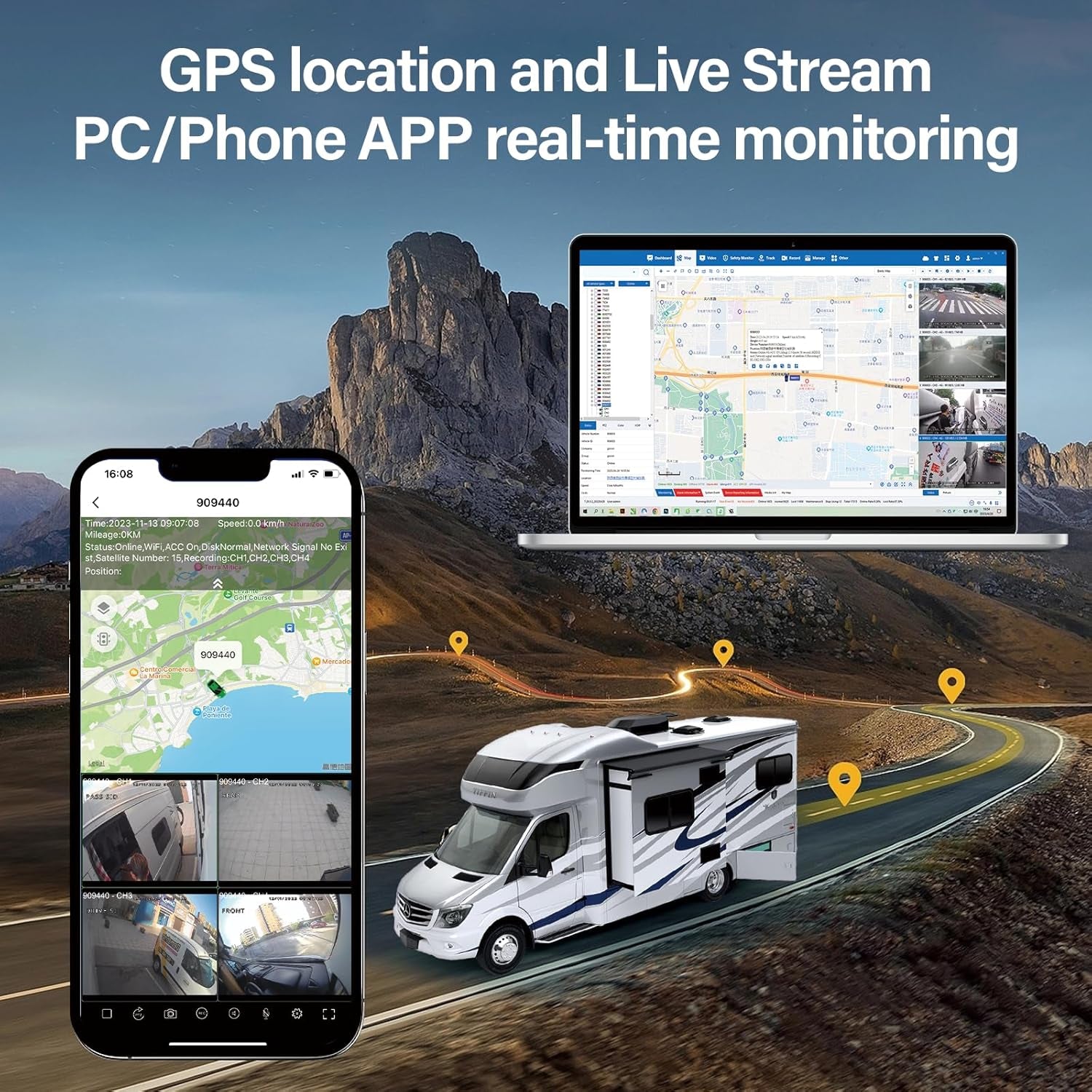 6CH AI Wifi GPS Sentry Mode RV Backup Camera System 10.1" Touch Screen Monitor with 4 1080P Rear Side View Camera,Mobile DVR Recording Live View on App/Web/Pc for Truck Trailer Tractor Fleet TRUCK DRIVER