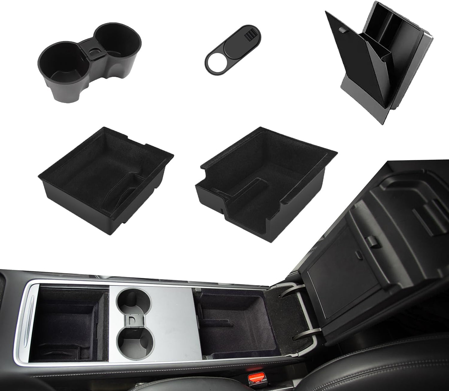 Updated 5PCS  Accessories for Tesla Model 3(2023-2021)/ Model Y 2024-2021, Armrest Hidden Drawer Storage Box Cup Holder Compatible for Tesla (5PCS)