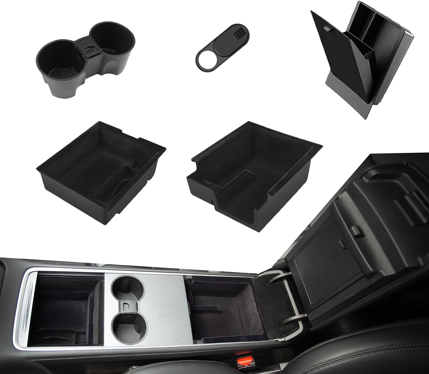 Updated 5PCS  Accessories for Tesla Model 3(2023-2021)/ Model Y 2024-2021, Armrest Hidden Drawer Storage Box Cup Holder Compatible for Tesla (5PCS)