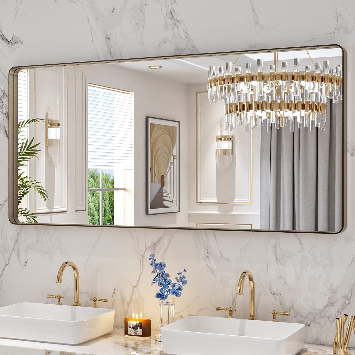 50X30 Inch Black Metal Framed Bathroom Mirror for Wall, Matte Black Bathroom Vanity Mirror Farmhouse, Large Rounded Rectangle Mirror, Anti-Rust, Tempered Glass, Hangs Horizontally or Vertically