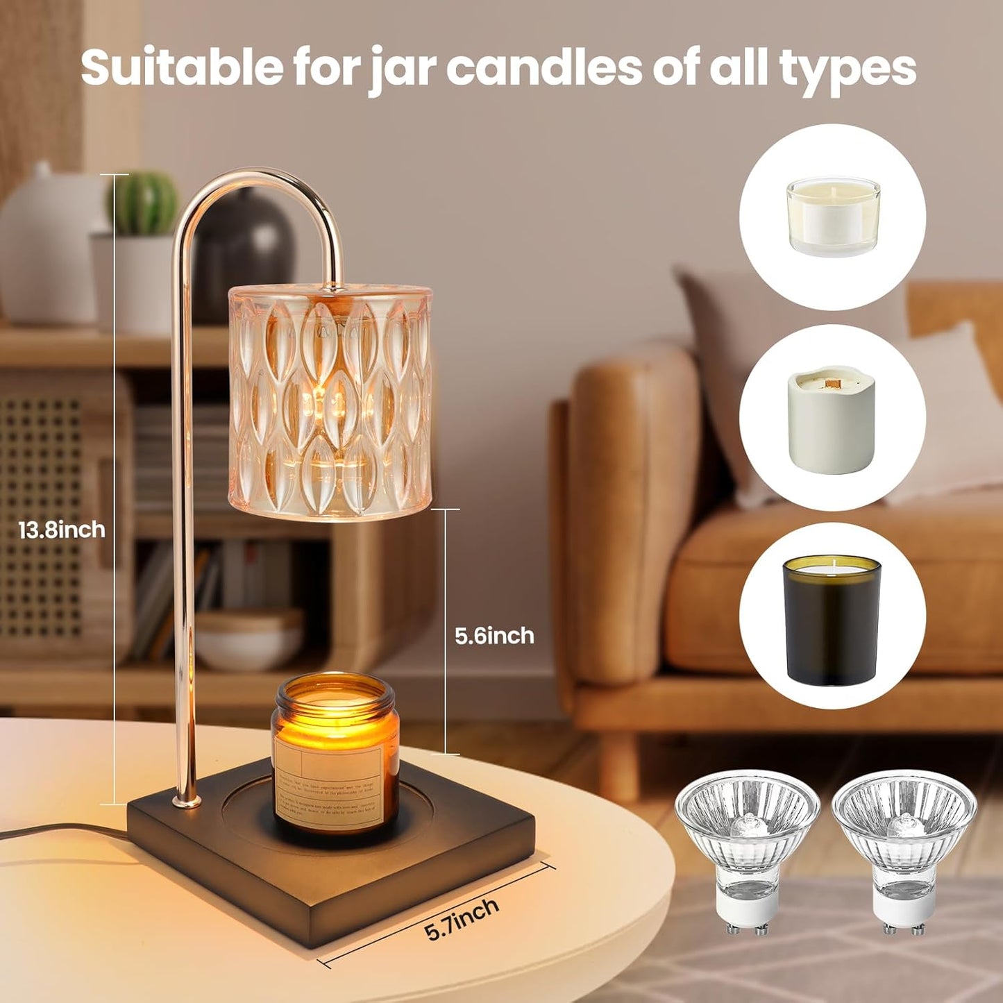 Candle Warmer Lamp, Dimmable Candle Warmer Lamp for Jar Candles, Glass Candle Warmer Lamp with Timer 2H/4H/8H Nightstand Lamp for Bedroom (2 Wax Warmer Bulbs)