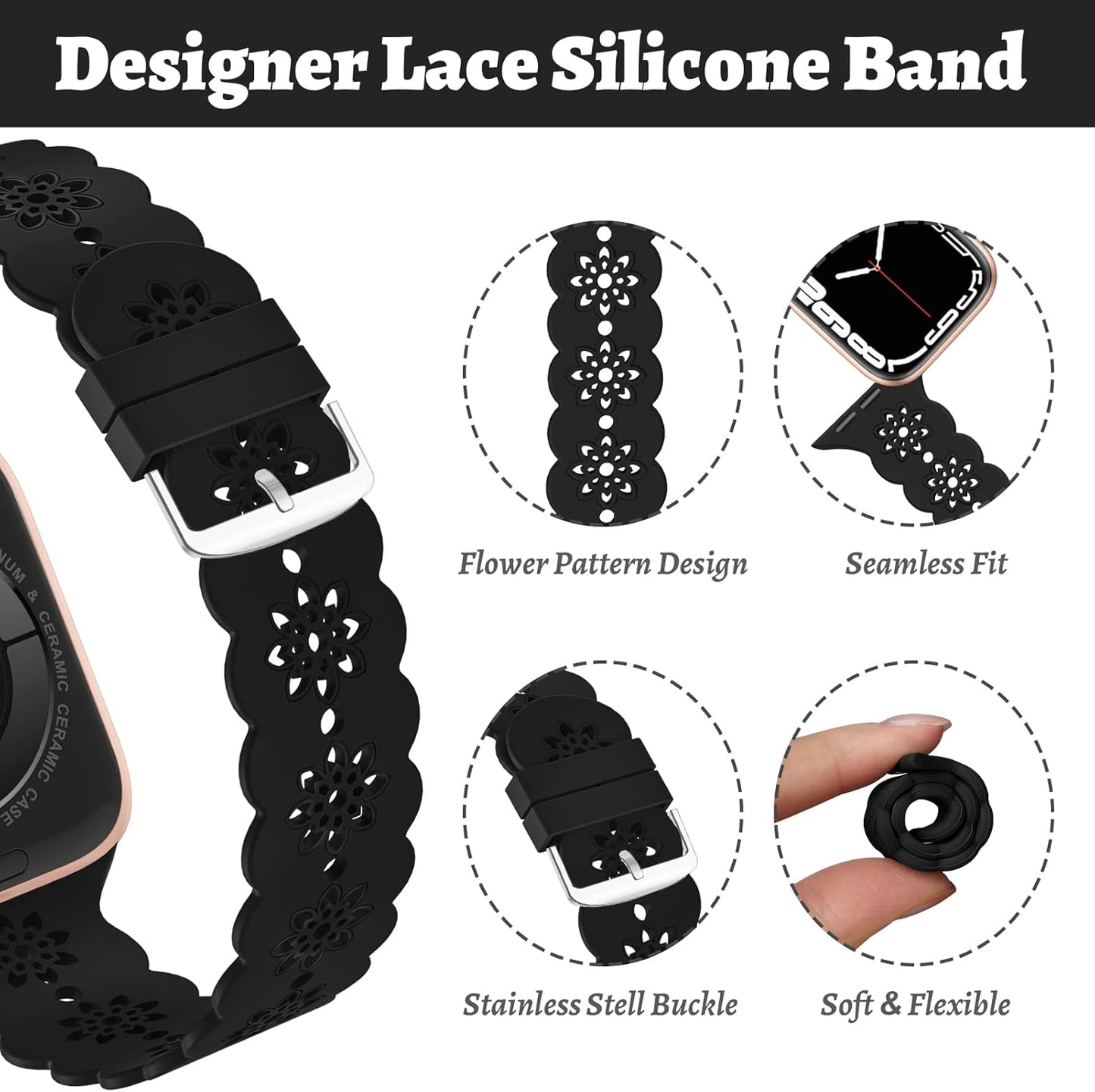 Floral Silicone Band Compatible with Apple Watch Bands 38Mm 40Mm 42Mm 44Mm 41Mm 45Mm 49Mm Women Men, Slim Hollow-Out Design Wristbands Soft Sport Breathable Watch Bands for Iwatch Ultra SE Series 9/8/7/6/5/4/3/2/1