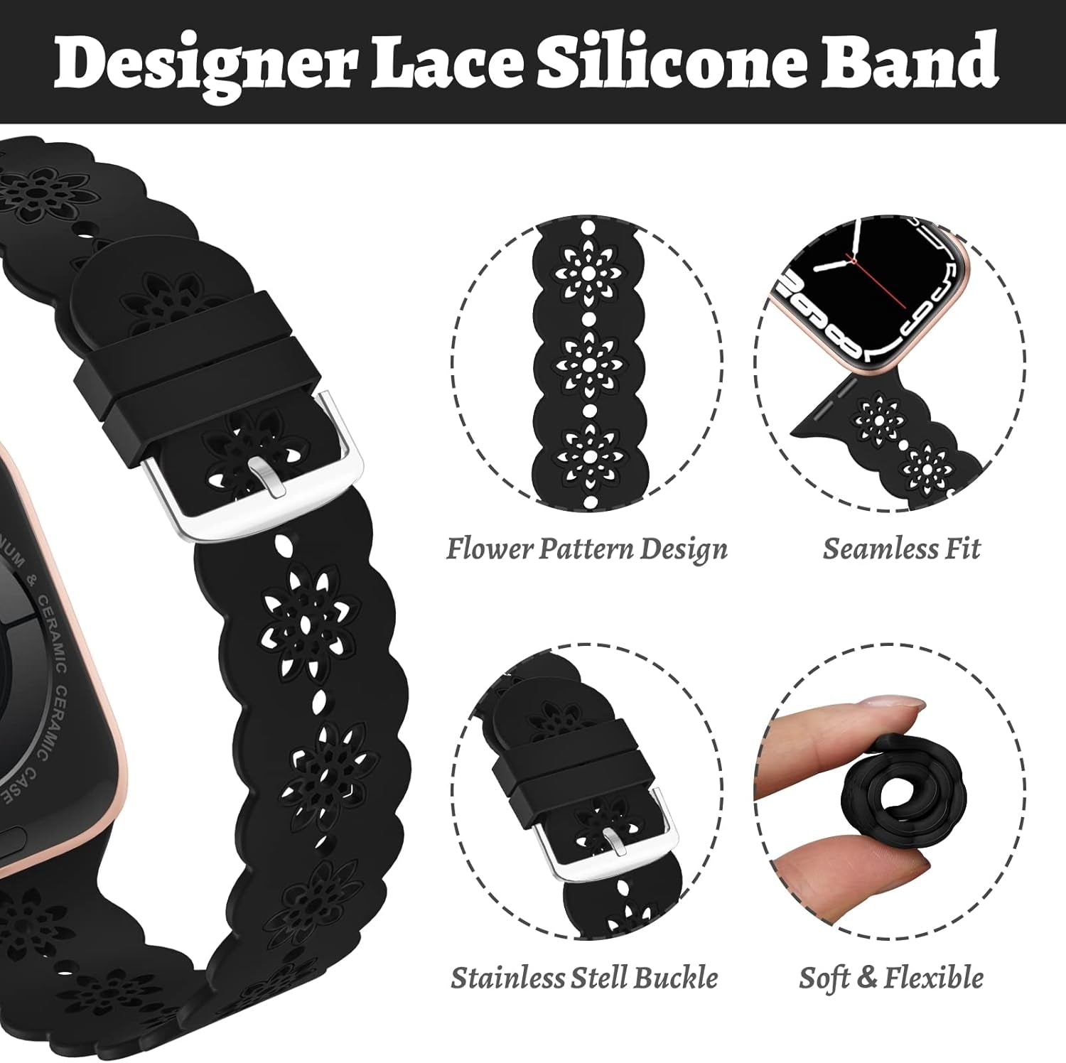 Floral Silicone Band Compatible with Apple Watch Bands 38Mm 40Mm 42Mm 44Mm 41Mm 45Mm 49Mm Women Men, Slim Hollow-Out Design Wristbands Soft Sport Breathable Watch Bands for Iwatch Ultra SE Series 9/8/7/6/5/4/3/2/1