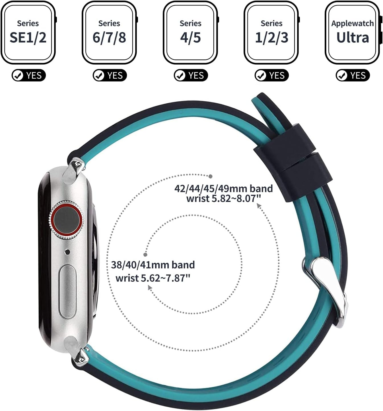 Compatible Sport Bands for Apple Watch Series 10 42Mm, 9/8/7 41Mm, SE2/SE/6/5/4 40Mm, 3/2/1 38Mm,Silicone Rubber Iwatch Band for Women Men, Black Top/Blue Bottom