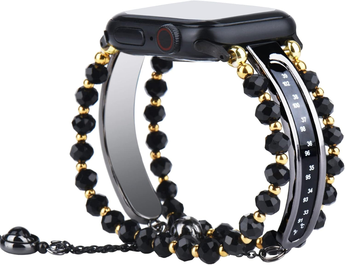 Beads Pearl Apple Watch Band Compatible for Iwatch Ultra Series SE 8 7 6 5 4 3 Jewelry Bracelet Watch Band with Thermometer Pendant Charm (42Mm/44Mm/45Mm, Black)