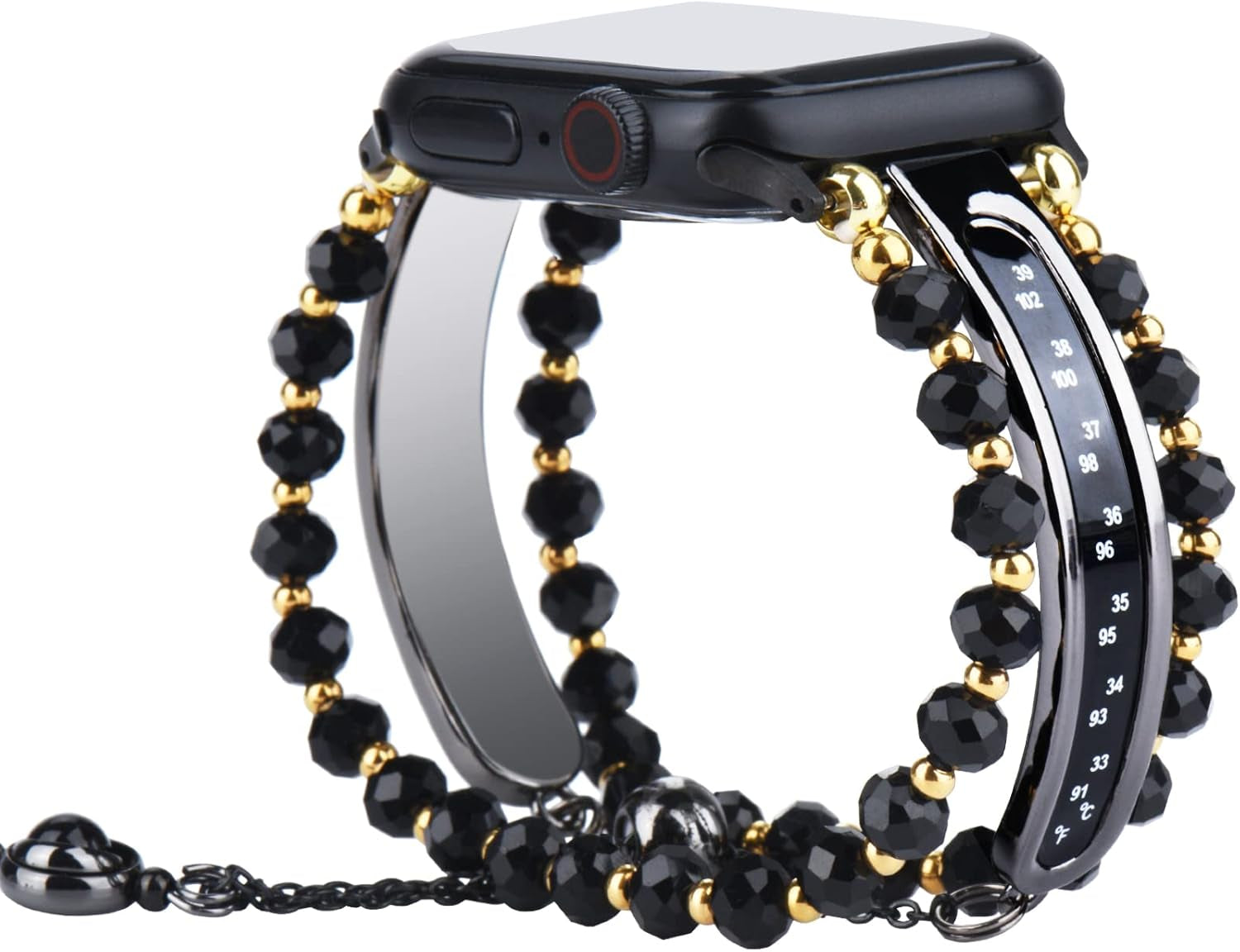 Beads Pearl Apple Watch Band Compatible for Iwatch Ultra Series SE 8 7 6 5 4 3 Jewelry Bracelet Watch Band with Thermometer Pendant Charm (42Mm/44Mm/45Mm, Black)