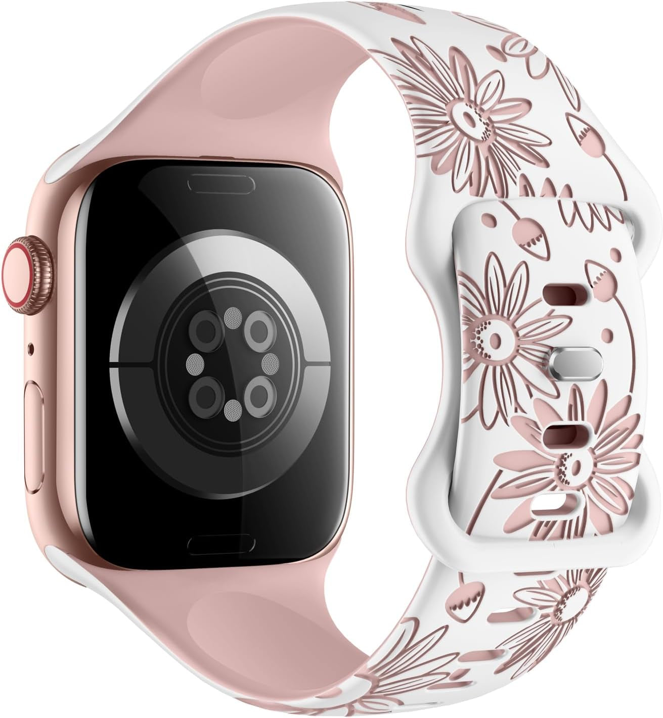 Designer Floral Engraved Band Compatible with Apple Watch Bands 40Mm 38Mm 41Mm 42/44/45/49Mm,Two-Tone Flower Soft Silicone Sport Strap for Iwatch Series 9 Ultra SE 8 7 6 5 4 3 2 Girl Pink