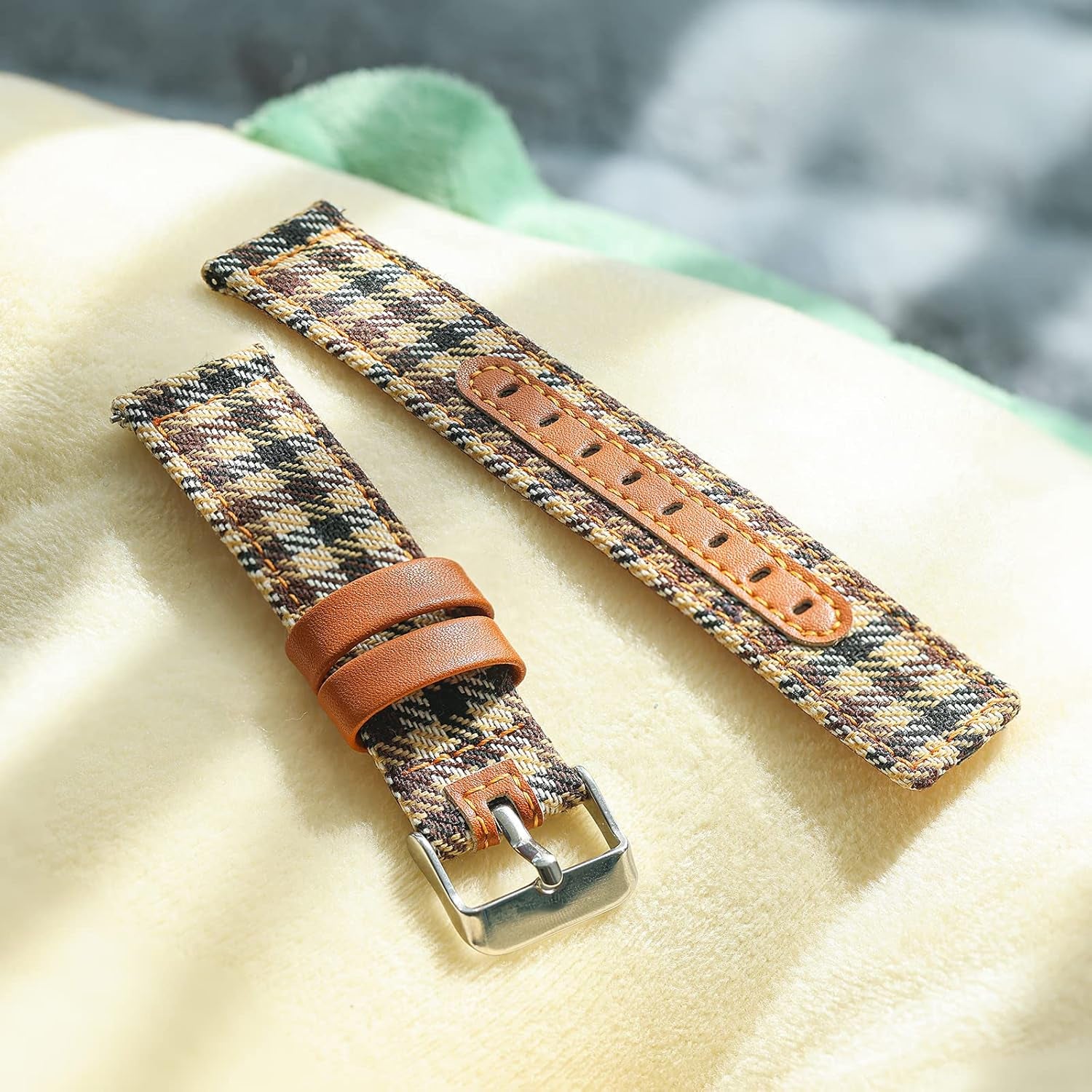 Leather Band for Galaxy Watch 4 44/40Mm, Canvas Plaid plus Leather Lining Band Samsung Galaxy Watch 4 Classic(42/46Mm)/Active 2(40/44Mm)/Galaxy Watch 3 41Mm Band for Women