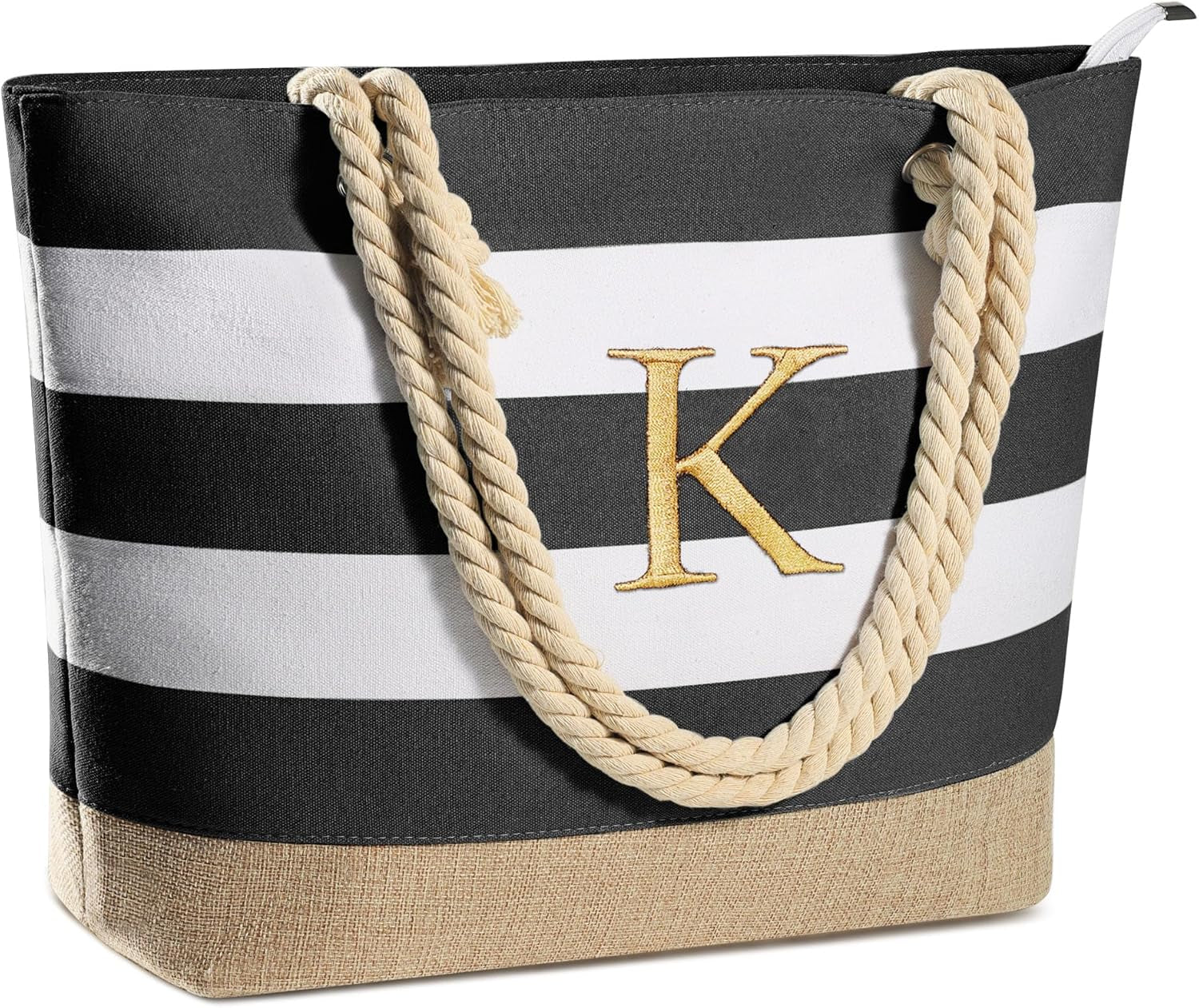 Initial Canvas Waterproof Beach Tote Bag Zipper Personalized Gifts for Women Her Birthday Travel Beach Essential