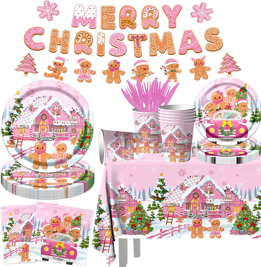 142Pcs Gingerbread Christmas Tableware Party Decorations Gingerbread Man Winter Christmas Holiday Party Supplies Pink Cookie House Family Gathering Disposable Banner,Plates,Napkins and Tablecloth