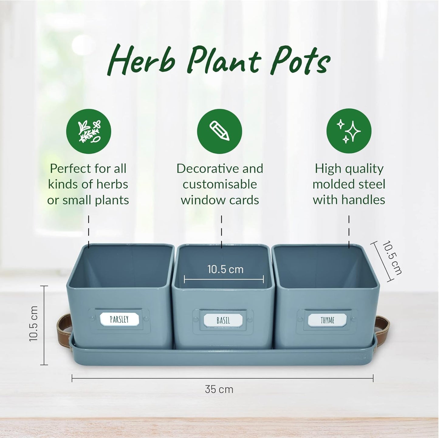 Herb Planter Indoor - Set of 3 Teal Blue Indoor Herb Garden Pots for Plants with Leather Handled Tray - Window Sill Plant Shelf - Herb Pots with Drainage Holes and Labels