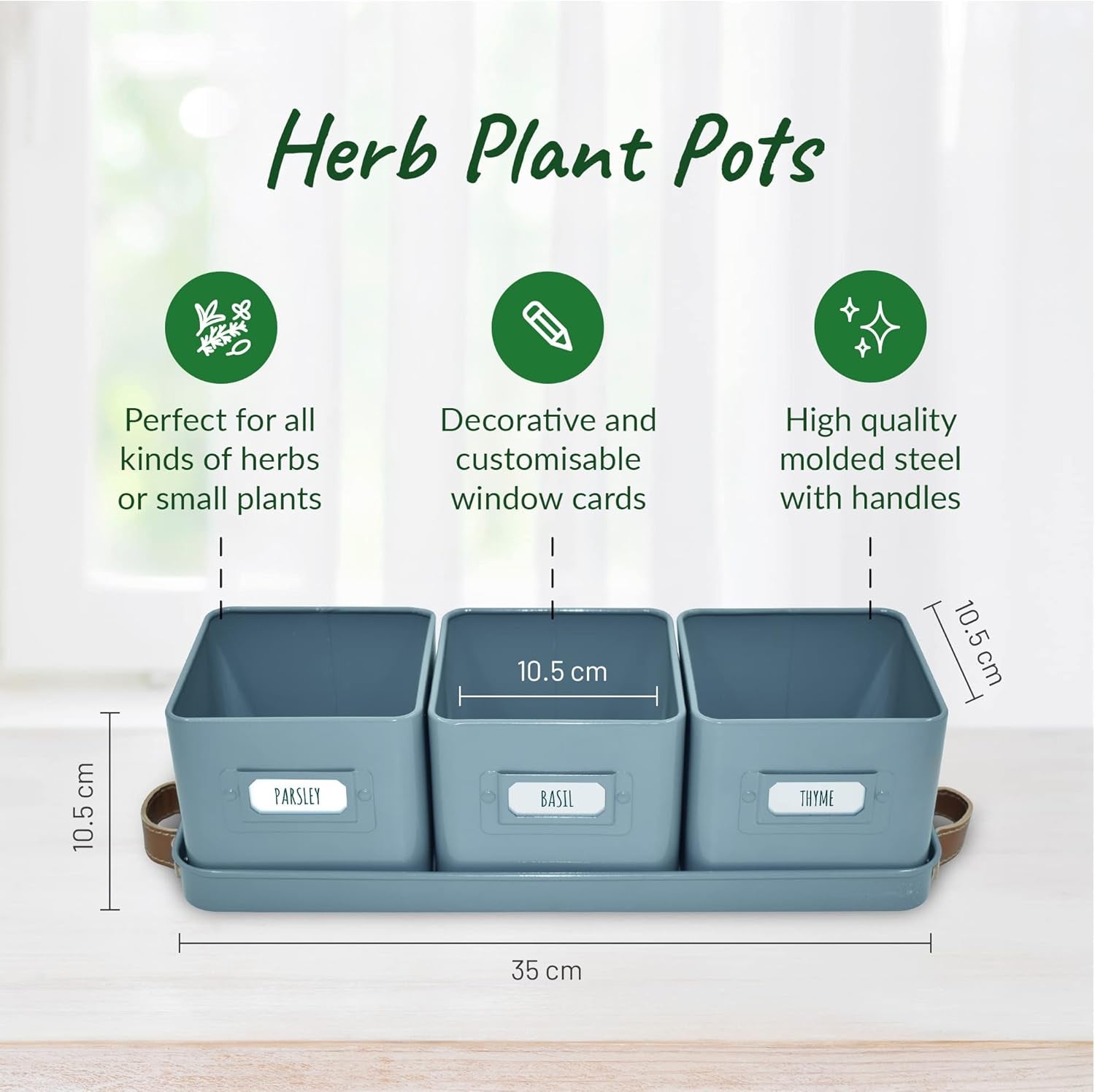 Herb Planter Indoor - Set of 3 Teal Blue Indoor Herb Garden Pots for Plants with Leather Handled Tray - Window Sill Plant Shelf - Herb Pots with Drainage Holes and Labels