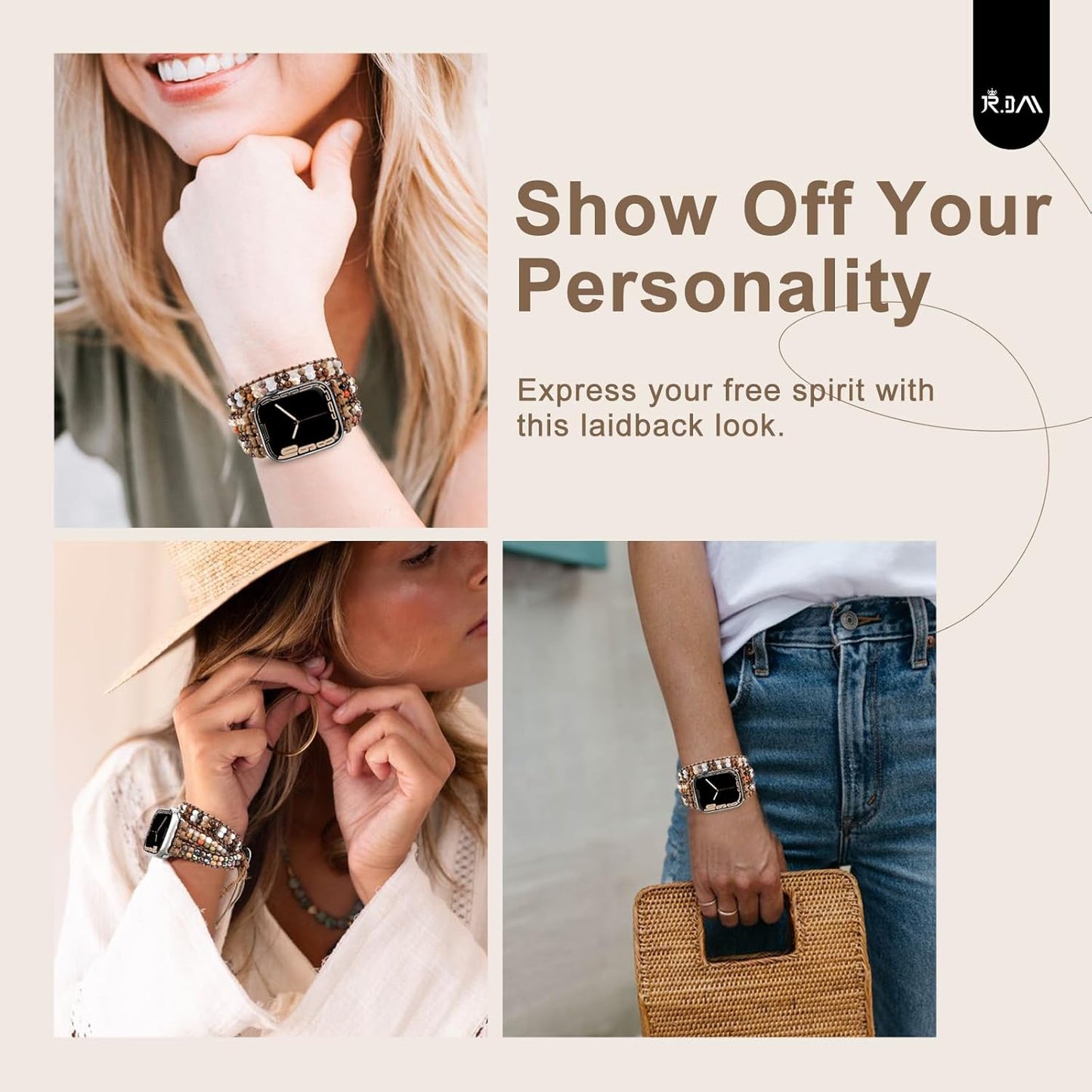 Elegant Slim Leather Bands Boho Beaded Watch Band Bundle Compatible with Apple Watch 38Mm 40Mm 41Mm 42Mm 44Mm 46Mm 45Mm 49Mm Women for Iwatch Series 10/9/8/7/6/5/4/3/2/1/Se/Ultra