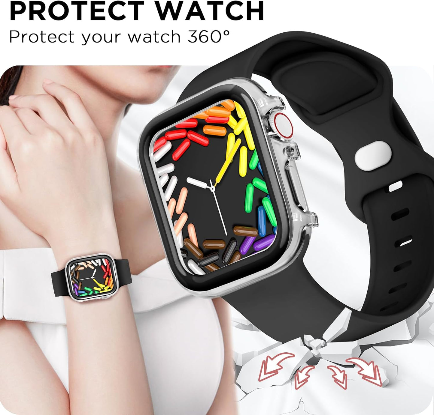 Sport Band Compatible for Apple Watch Band 41Mm 40Mm 38Mm 42Mm 46Mm 45Mm 44Mm 49Mm with Bumper Case, Women Girl Men Soft Silicone Strap for Iwatch Series 10 9 8 7 6 / SE 5 4 3 2 1 Ultra
