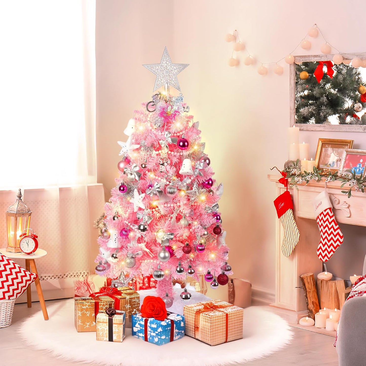 3FT Pink Christmas Tree, Small Tabletop Christmas Tree with 80 LED Lights, Mini Artificial Prelit Christmas Tree, 200 Lifelike Branches, 110 Ornaments, Pink Christmas Decorations for Home