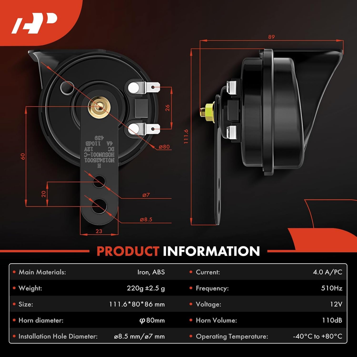 Snail Horn High Universal Electric Horn - 12V 110Db - Compatible with Most Passenger Cars, Commercial/Off-Road Vehicles, Gas Cars, Electric Cars, Motorcycles & Trucks, 80 Mm