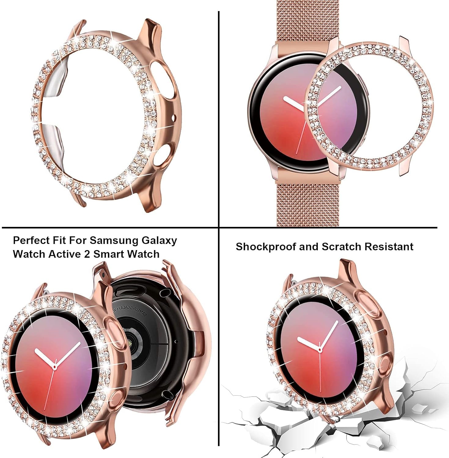 Compatible with Samsung Galaxy Watch Active/Active 2 40Mm 44Mm Band with Case Women, Stainless Steel Mesh Loop Replacement Magnet Wristband Strap & Full around PC Bumper for Galaxy Active 2 40Mm 44Mm
