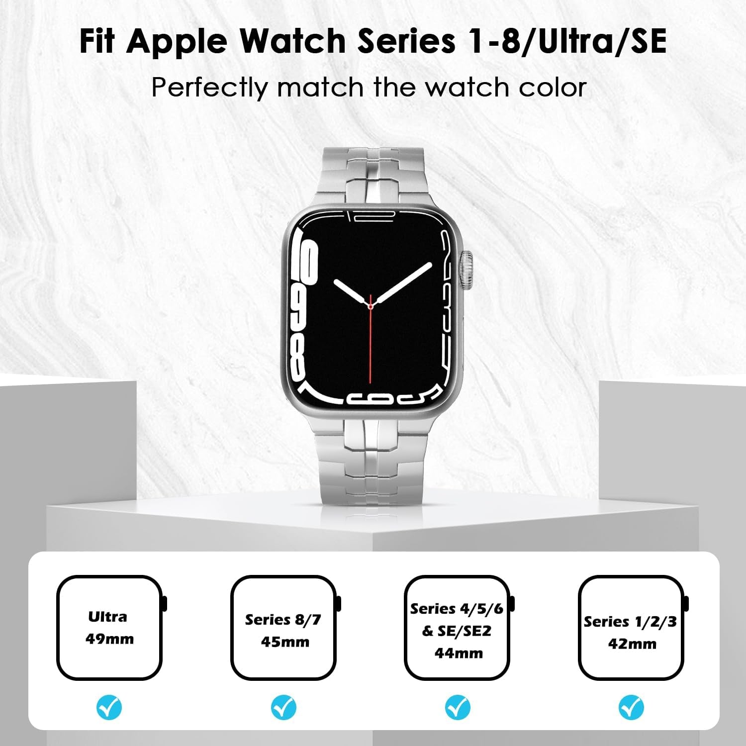 Watch Strap Compatible with Apple Watch Ultra2 Ultra 49Mm Series 9/8/7/6/5/4/3/2/1/SE 42/44/45Mm, Adjustable Metal Watch Band Stainless Steel Wristband with Butterfly Buckle, Silver