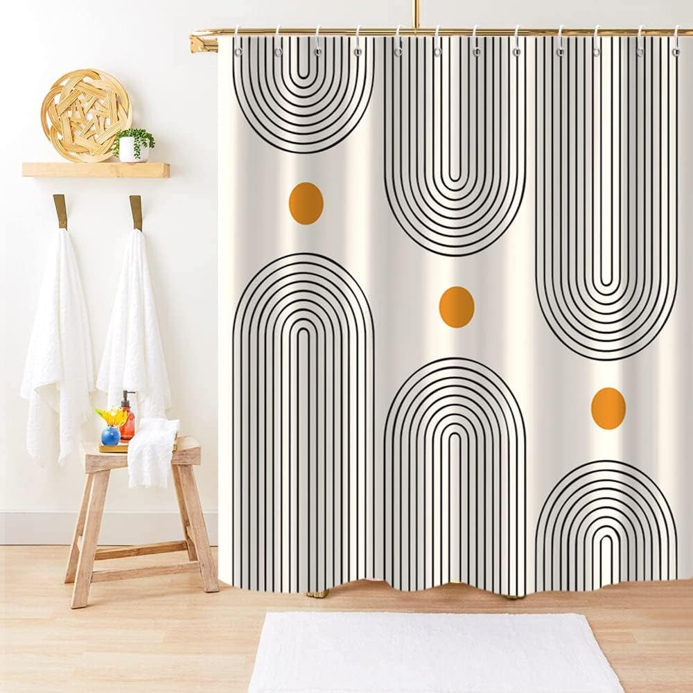 Boho Mid Century Shower Curtain, Minimalist Abstract Arch Simple Sun Modern Machine Washable Waterproof Fabric for Bathroom Decor Bathtub with 12 Hooks 72X72