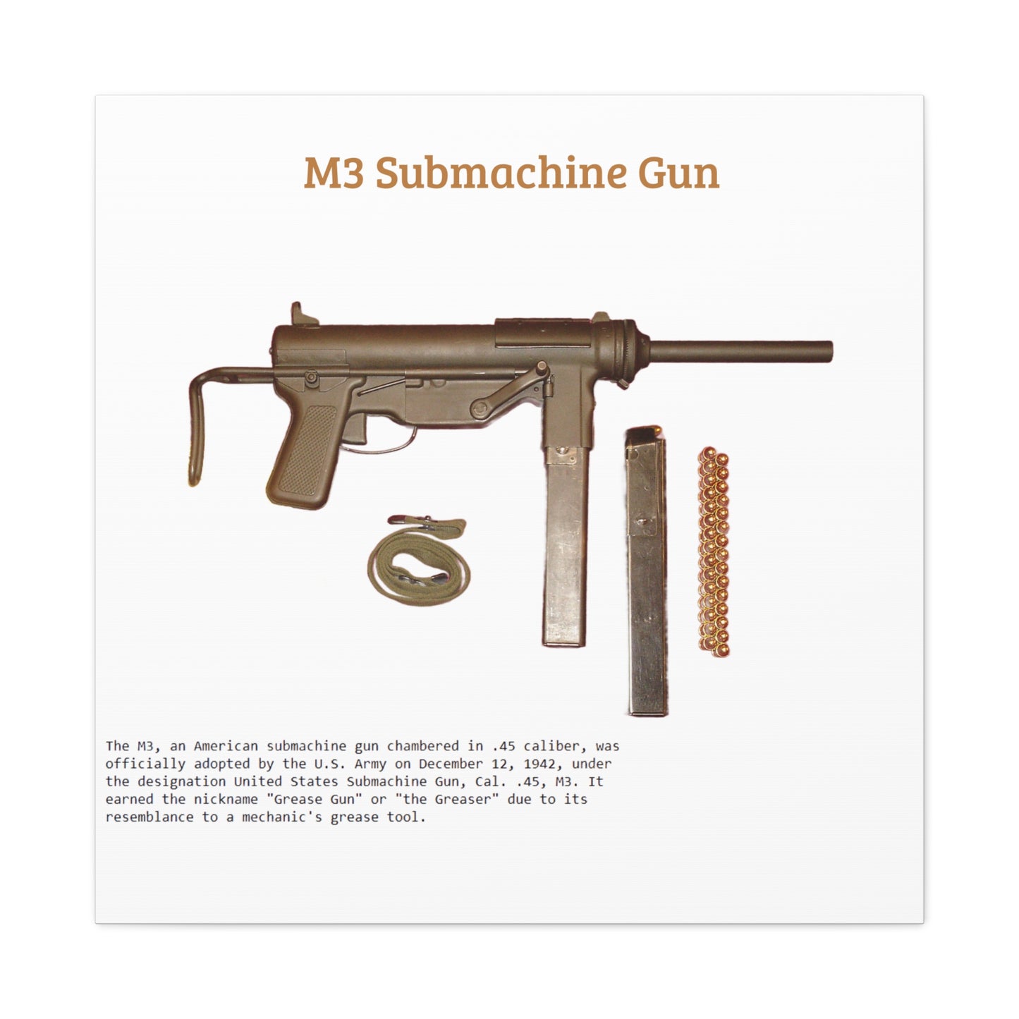 Grease Gun M3 submachine gun Matte Canvas, Stretched, 1.25"