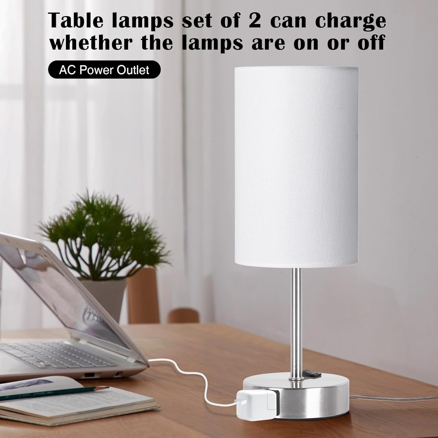 Table Lamp for Bedroom Set of 2, Bedside Small Lamps with 3 Way Dimmable Rocker Switch and AC Outlet, Nightstand Desk Lamp with White Fabric Shade Nickel Base for Living Room Home Decor Lights