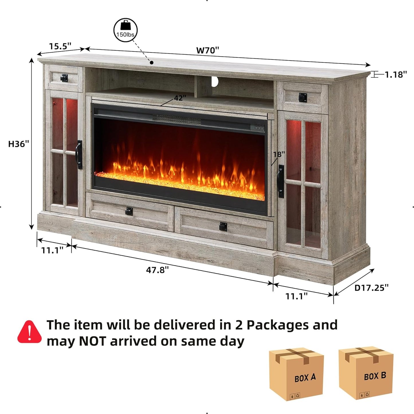 Fireplace TV Stand for 80 Inch TV, Farmhouse Entertainment Center with 42" Fireplace & LED Lights, Modern Media Console Table with Storage Drawers & Cabinets for Living Room, Light Rustic Oak