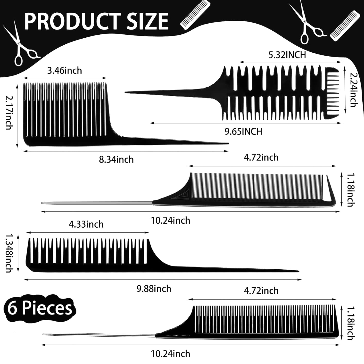 Weaving, Sectioning, Styling, and Hair Dyeing Combs - 6 Piece Set with Rat Tail Design for Foiling and Balayage Coloring (Various Styles)